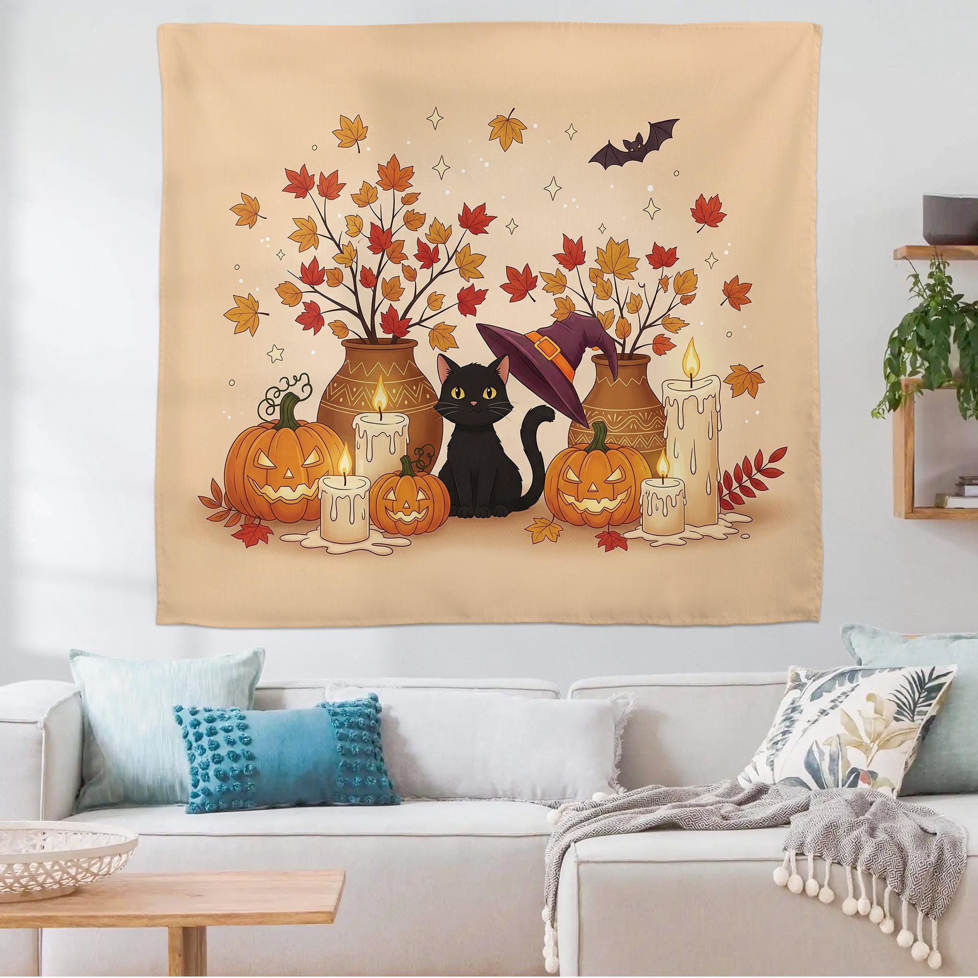 Black Cat Fall Halloween Tapestry – Cute Pumpkin Autumn Wall Decor – Witchy Jack-o’-Lantern and Candle Art for Cozy Home
