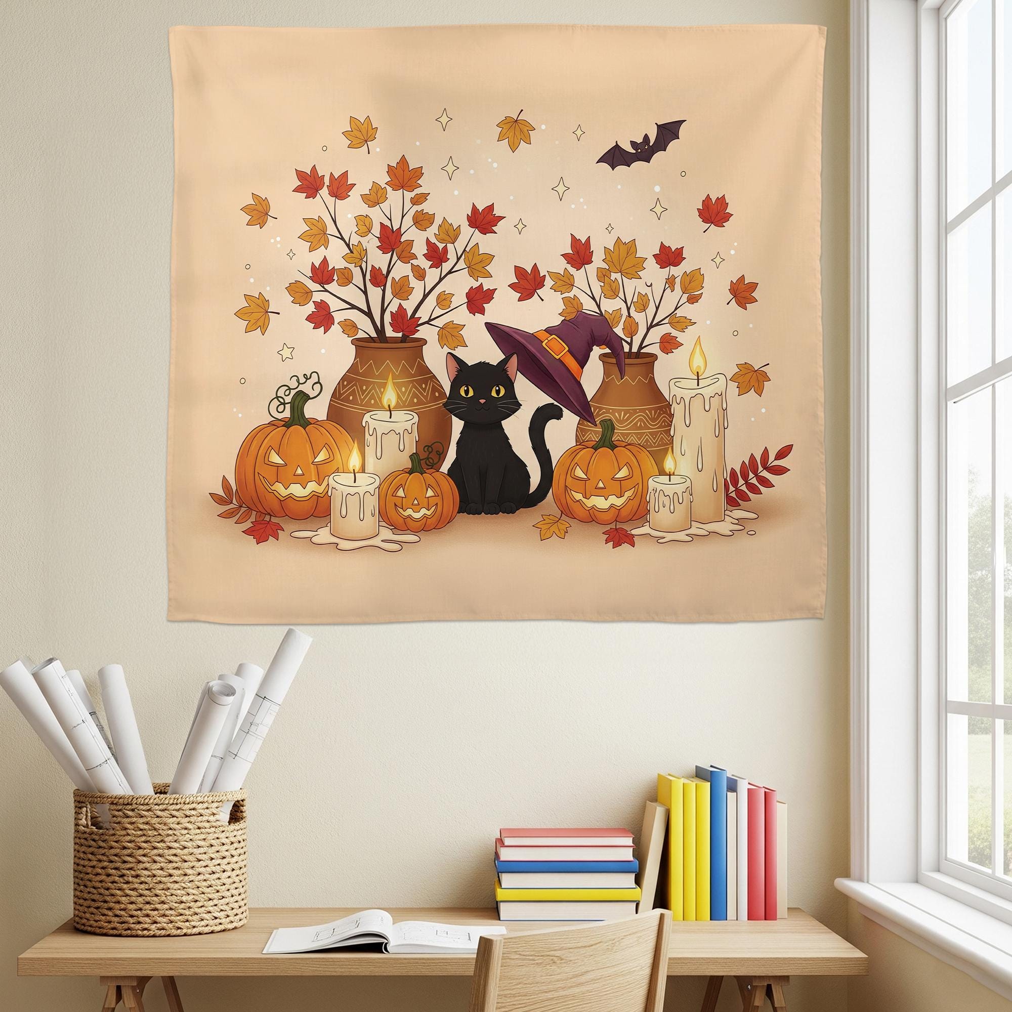 Black Cat Fall Halloween Tapestry – Cute Pumpkin Autumn Wall Decor – Witchy Jack-o’-Lantern and Candle Art for Cozy Home