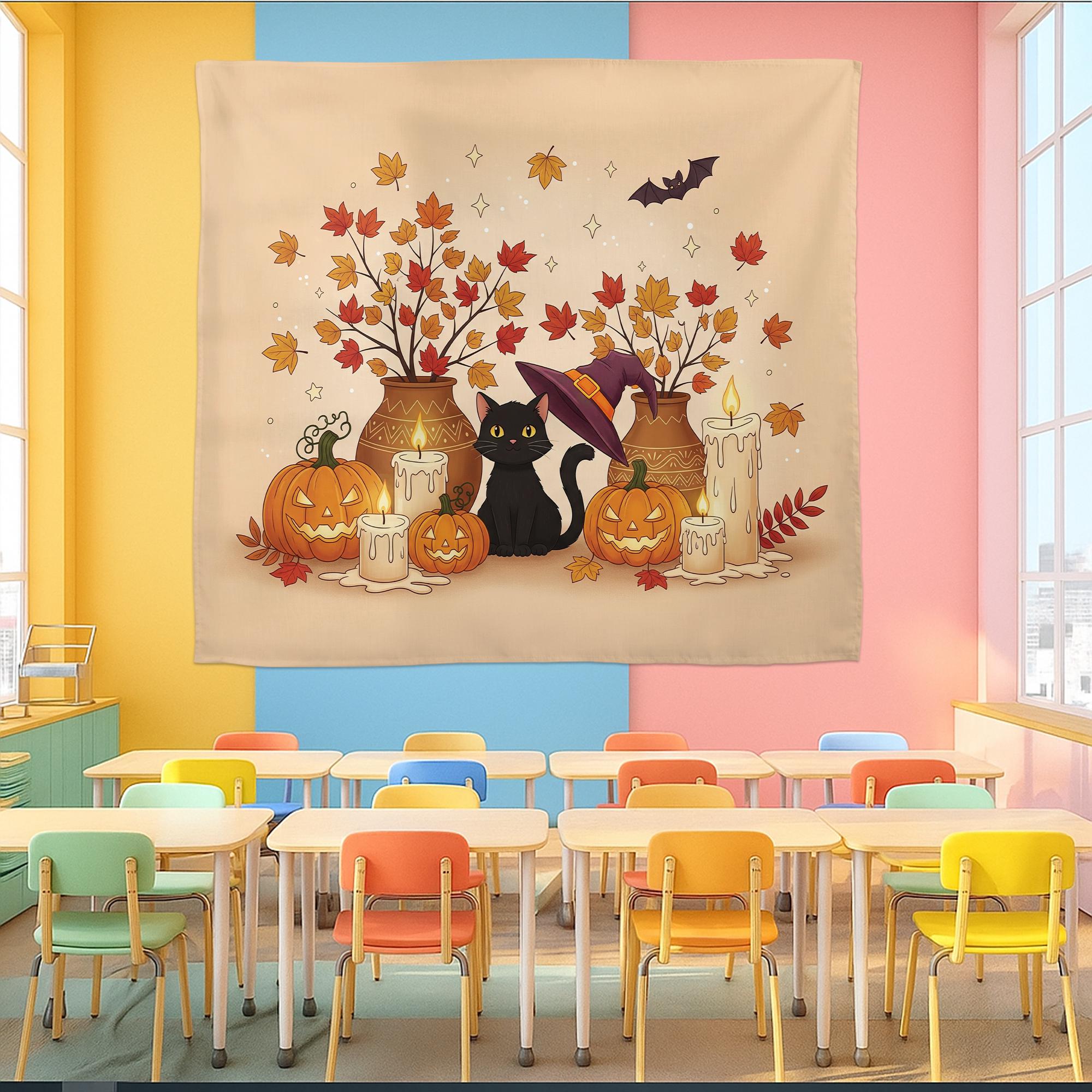 Black Cat Fall Halloween Tapestry – Cute Pumpkin Autumn Wall Decor – Witchy Jack-o’-Lantern and Candle Art for Cozy Home