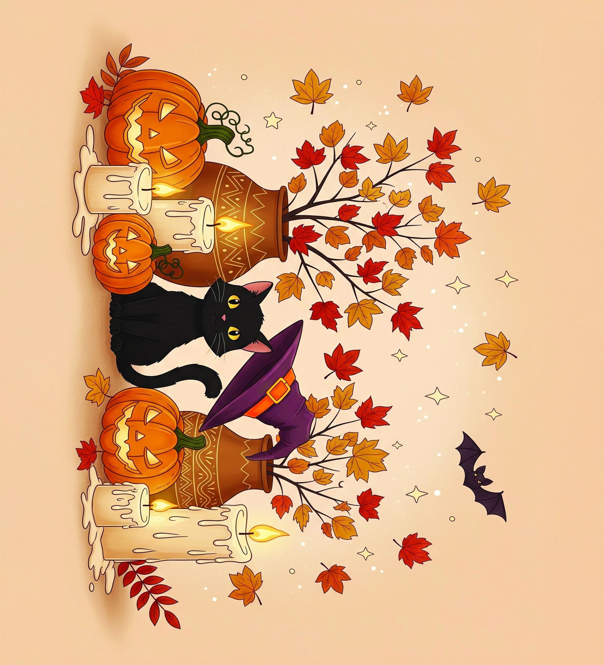 Black Cat Fall Halloween Tapestry – Cute Pumpkin Autumn Wall Decor – Witchy Jack-o’-Lantern and Candle Art for Cozy Home