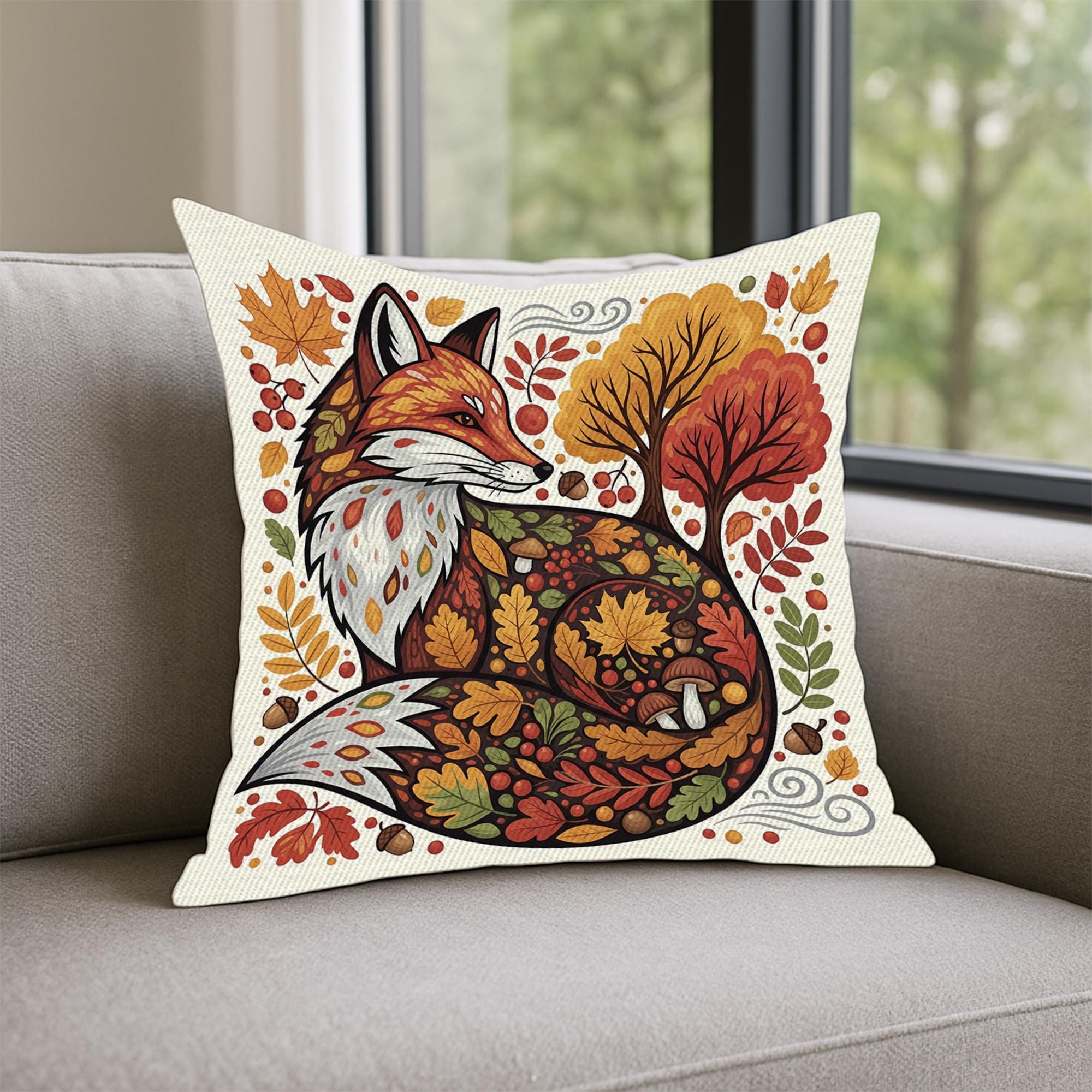 Autumn Fox Throw Pillow – Fall Forest Animal Decorative Cushion – Woodland Leaves and Fox Art for Cozy Rustic Home Decor