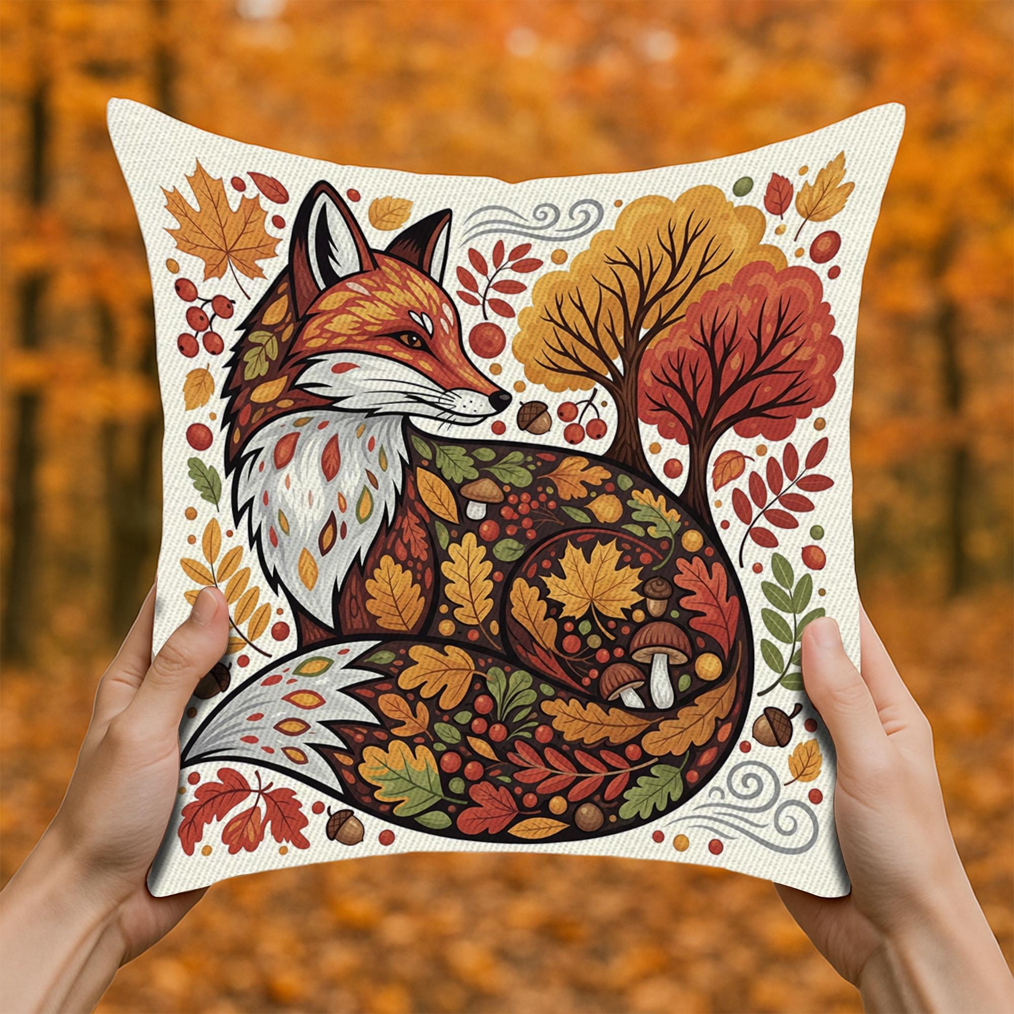 Autumn Fox Throw Pillow – Fall Forest Animal Decorative Cushion – Woodland Leaves and Fox Art for Cozy Rustic Home Decor