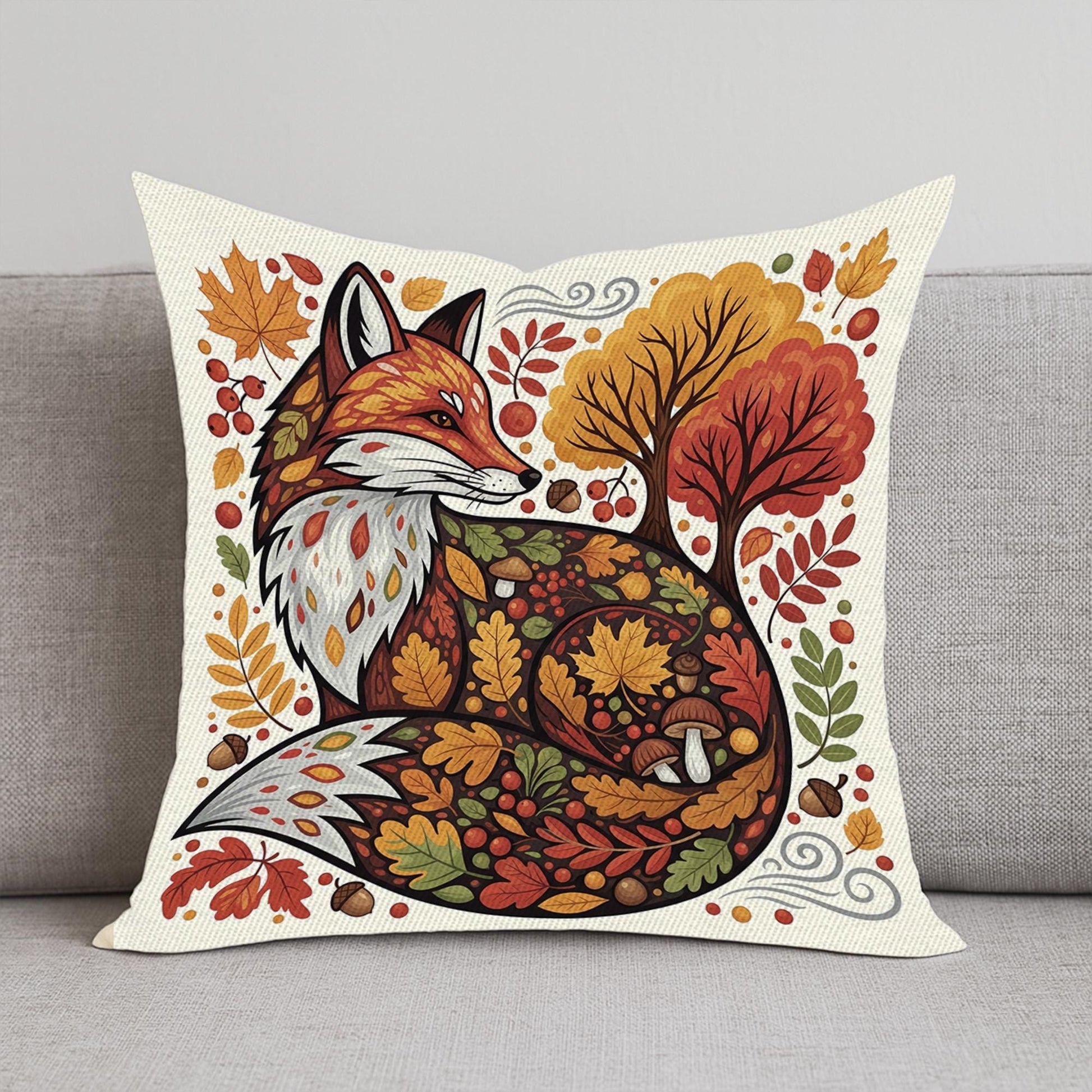 Autumn Fox Throw Pillow – Fall Forest Animal Decorative Cushion – Woodland Leaves and Fox Art for Cozy Rustic Home Decor