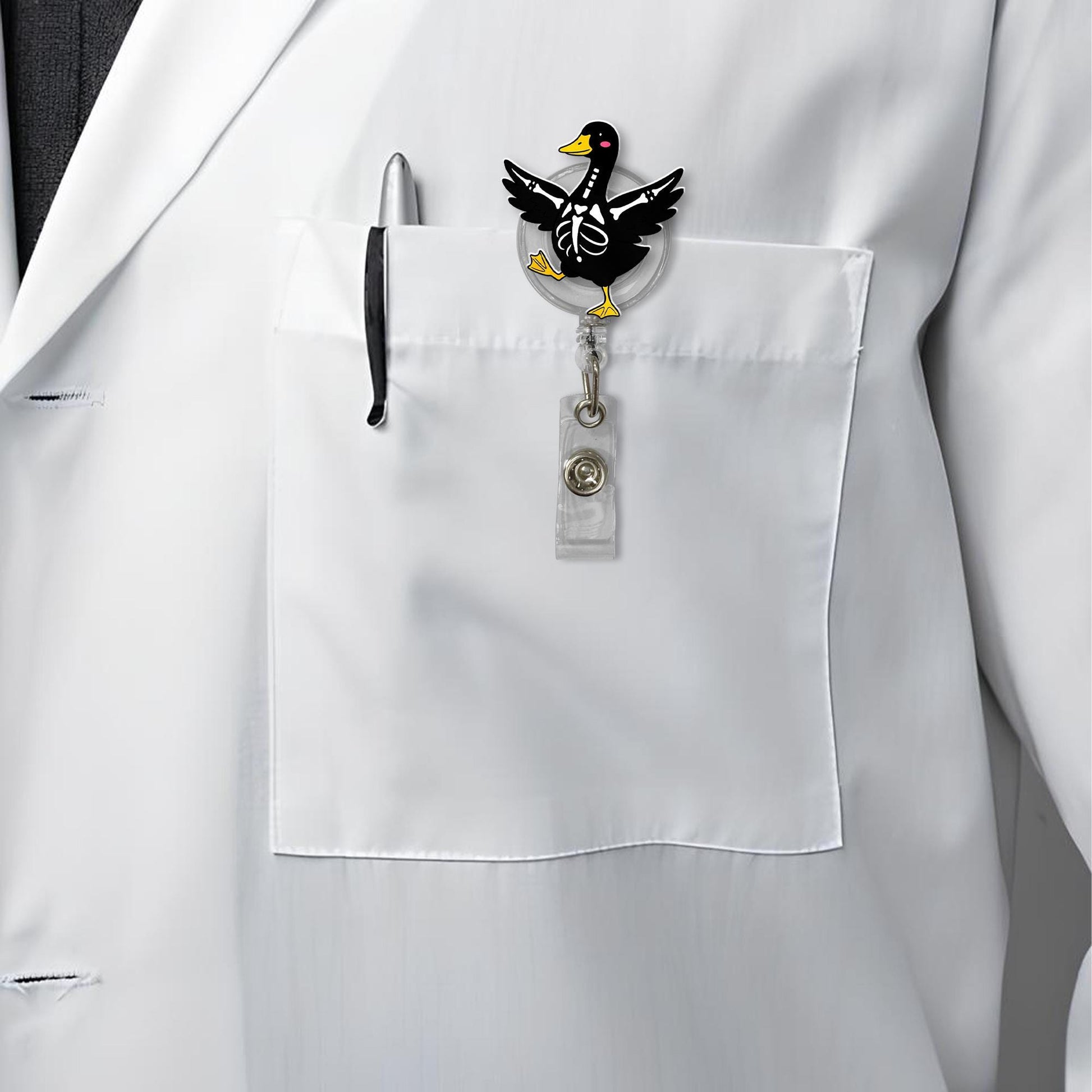 Skeleton Goose Badge Reel – Cute Black Goose with Skeleton Bones, Funny Nurse ID Holder & Medical Badge Clip, Halloween Goose Gift