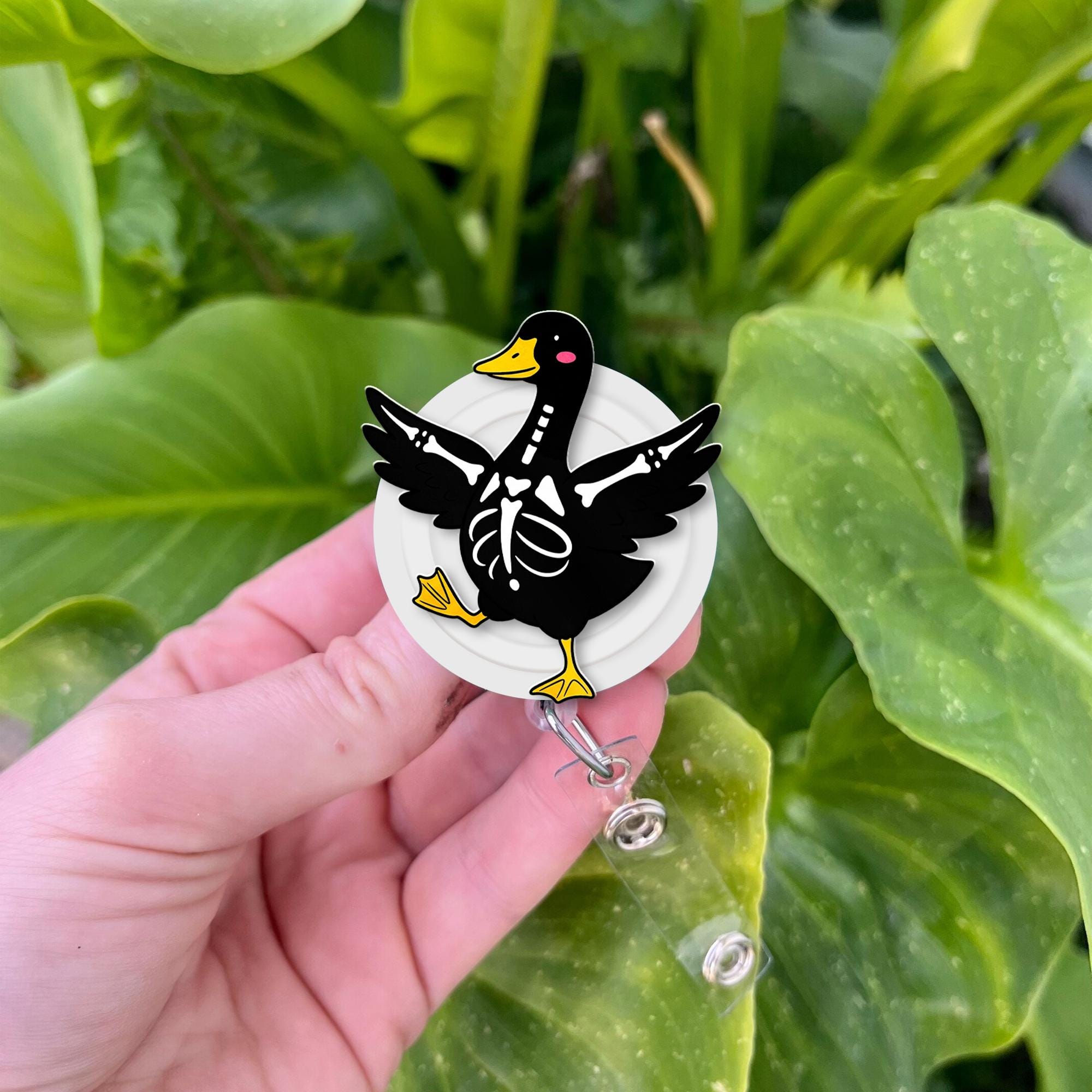 Skeleton Goose Badge Reel – Cute Black Goose with Skeleton Bones, Funny Nurse ID Holder & Medical Badge Clip, Halloween Goose Gift