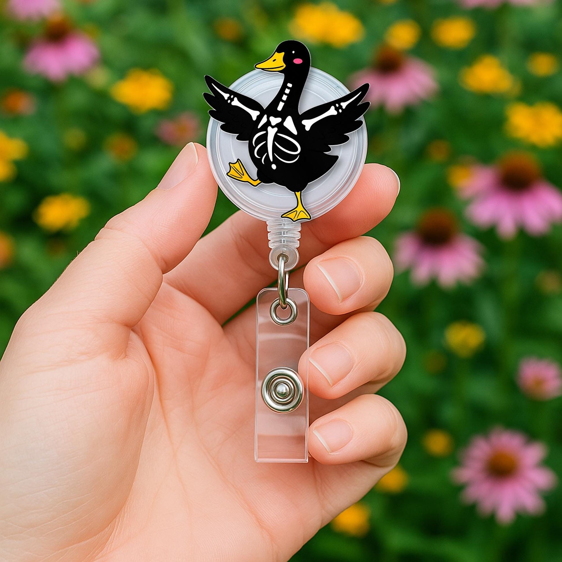 Skeleton Goose Badge Reel – Cute Black Goose with Skeleton Bones, Funny Nurse ID Holder & Medical Badge Clip, Halloween Goose Gift