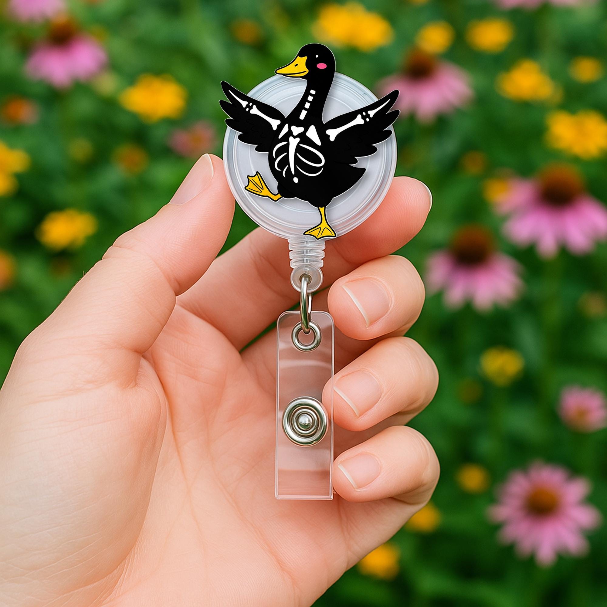 Skeleton Goose Badge Reel – Cute Black Goose with Skeleton Bones, Funny Nurse ID Holder & Medical Badge Clip, Halloween Goose Gift
