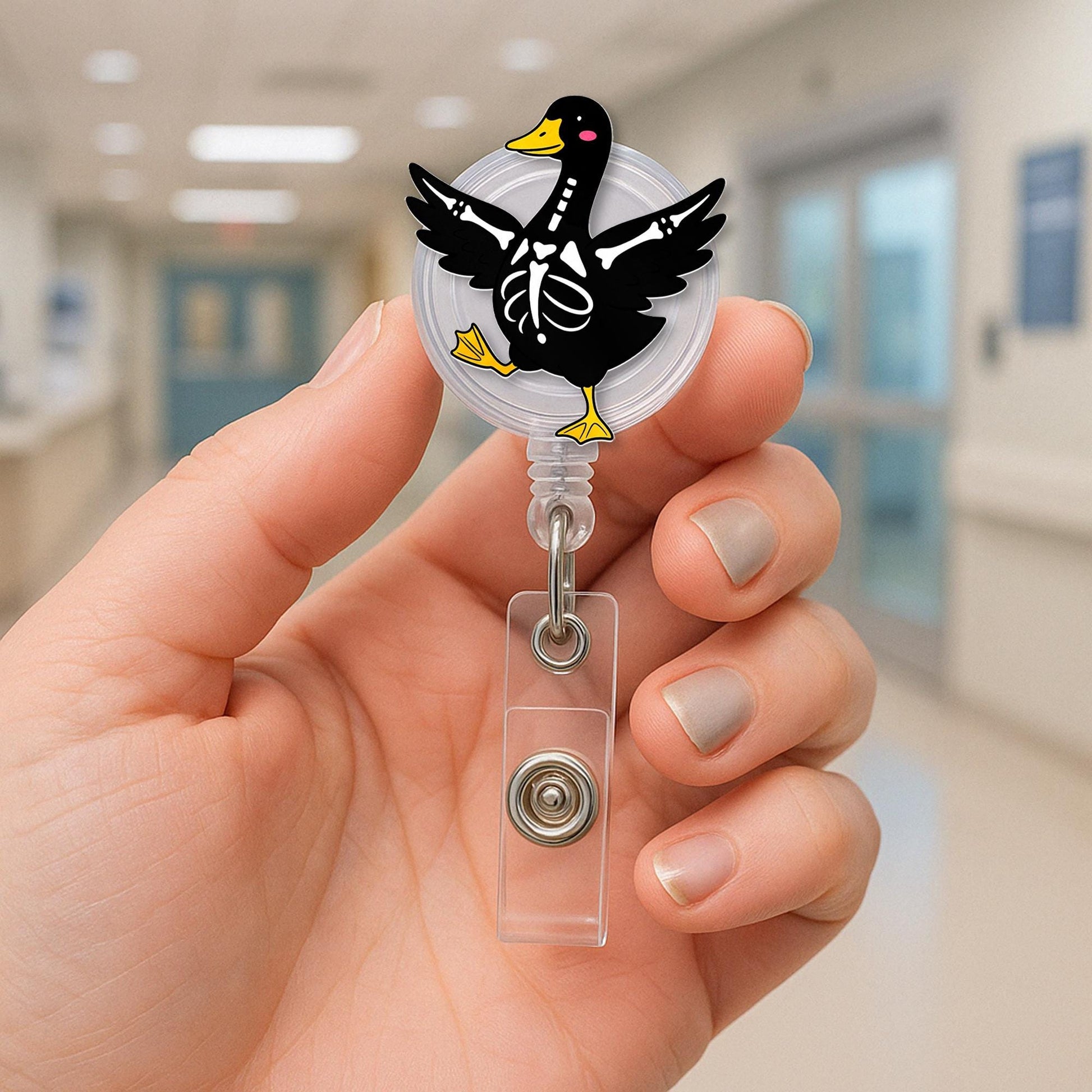 Skeleton Goose Badge Reel – Cute Black Goose with Skeleton Bones, Funny Nurse ID Holder & Medical Badge Clip, Halloween Goose Gift