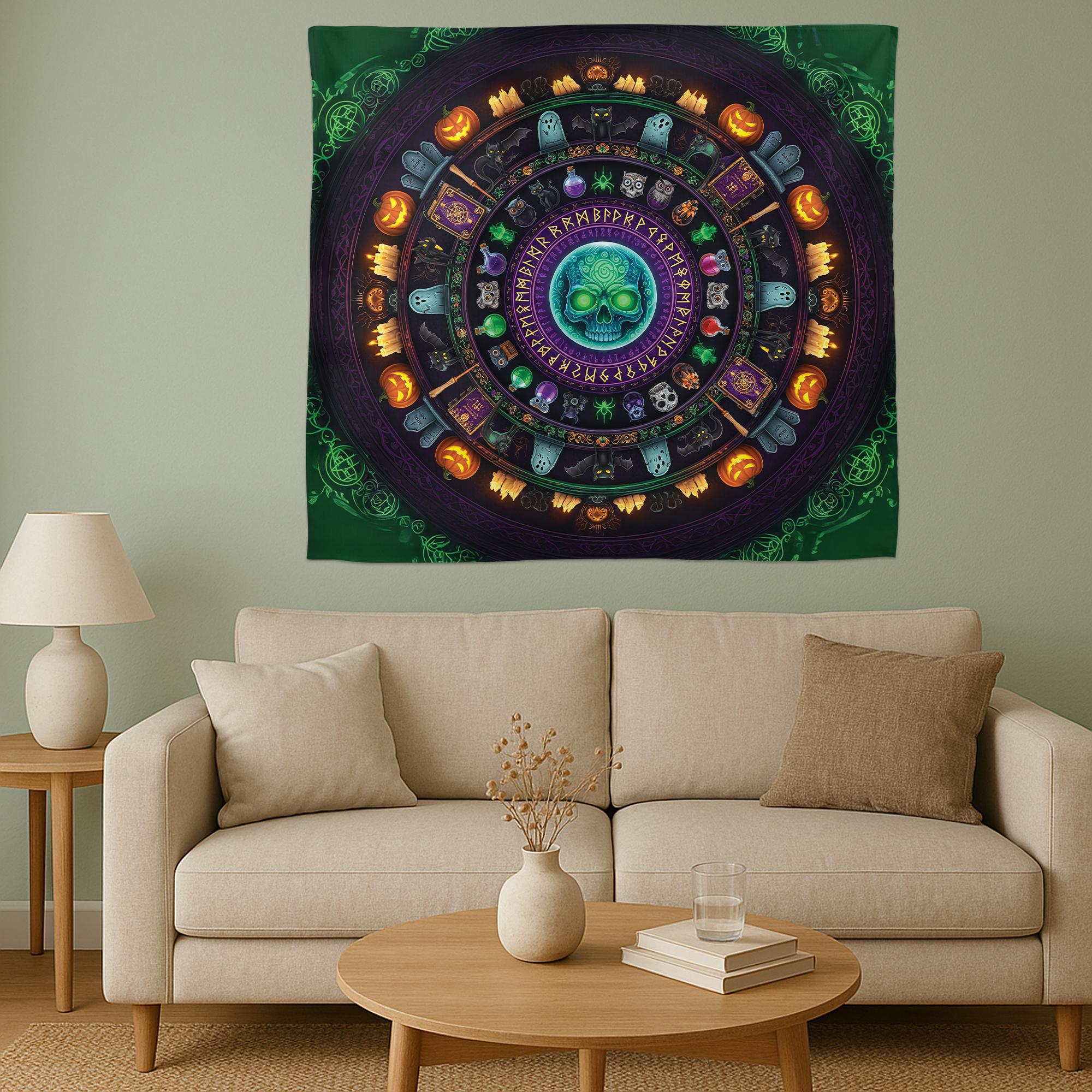 Halloween Skull Mandala Tapestry – Witchy Gothic Wall Art with Potions, Pumpkins, and Ghosts – Dark Green Spooky Decor