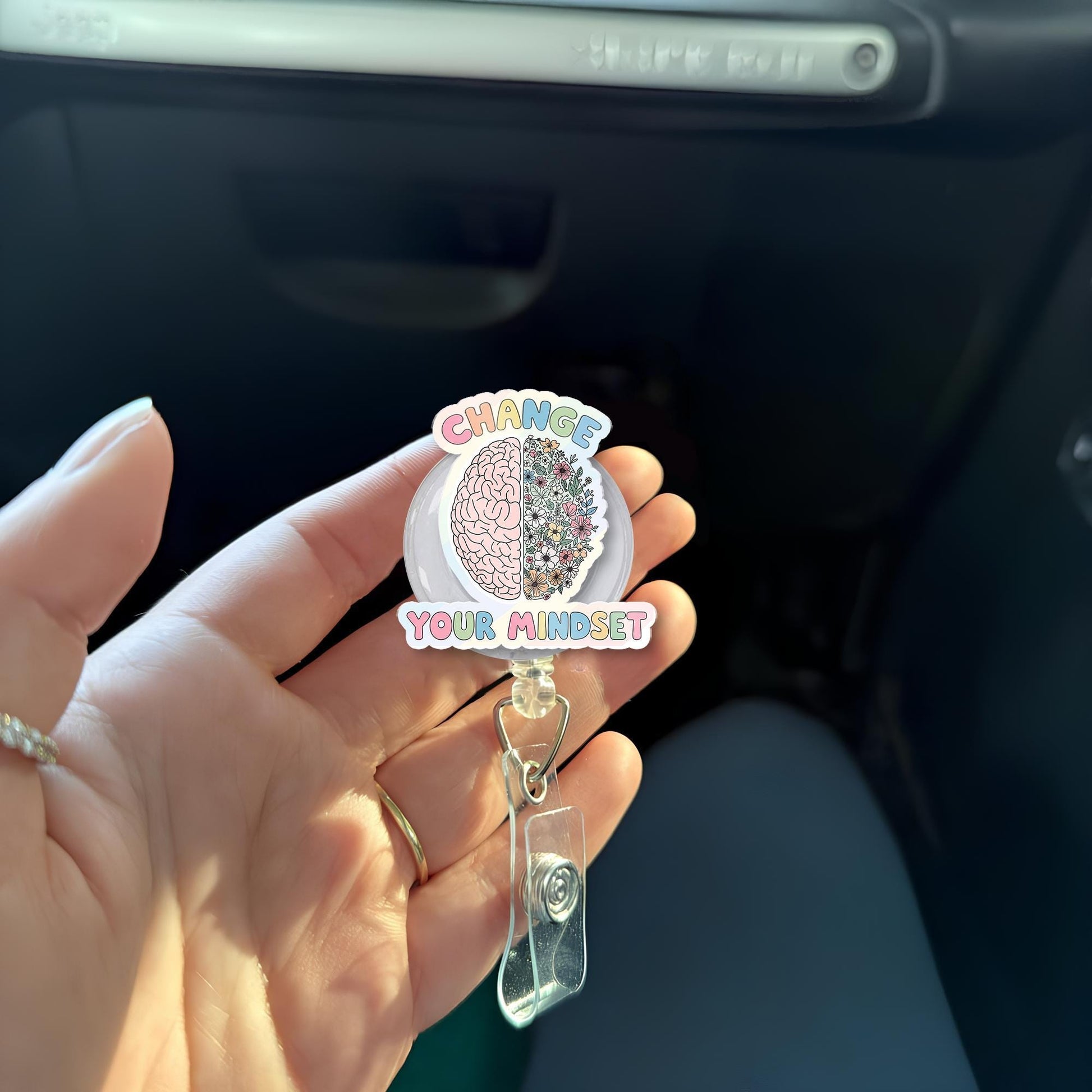 Change Your Mindset Brain & Flower Badge Reel – Motivational Nurse ID Holder, Mental Health Inspirational Badge Clip