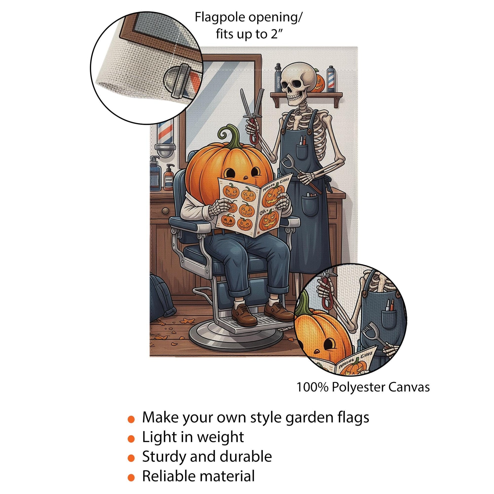 Halloween Skeleton Barber Pumpkin Garden Flag, Spooky Barber Shop Yard Decor, Fall Outdoor Halloween Flag