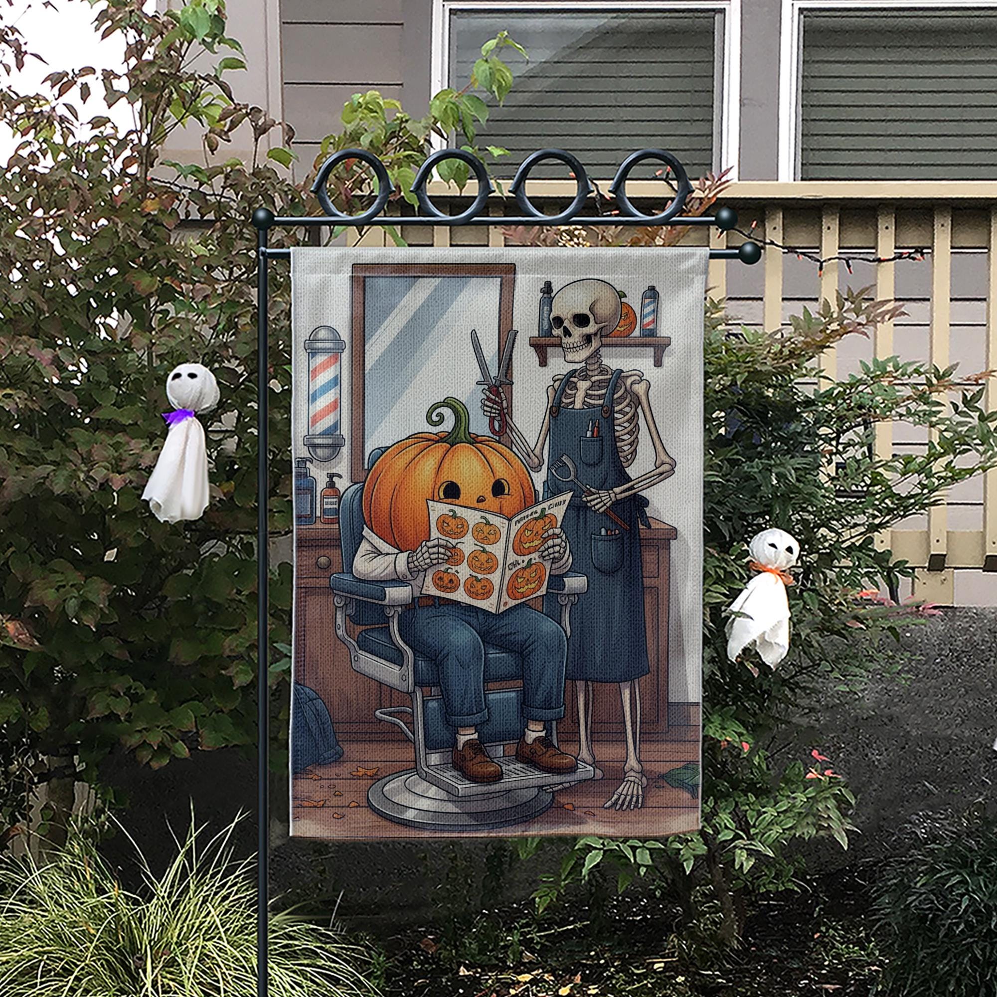 Halloween Skeleton Barber Pumpkin Garden Flag, Spooky Barber Shop Yard Decor, Fall Outdoor Halloween Flag