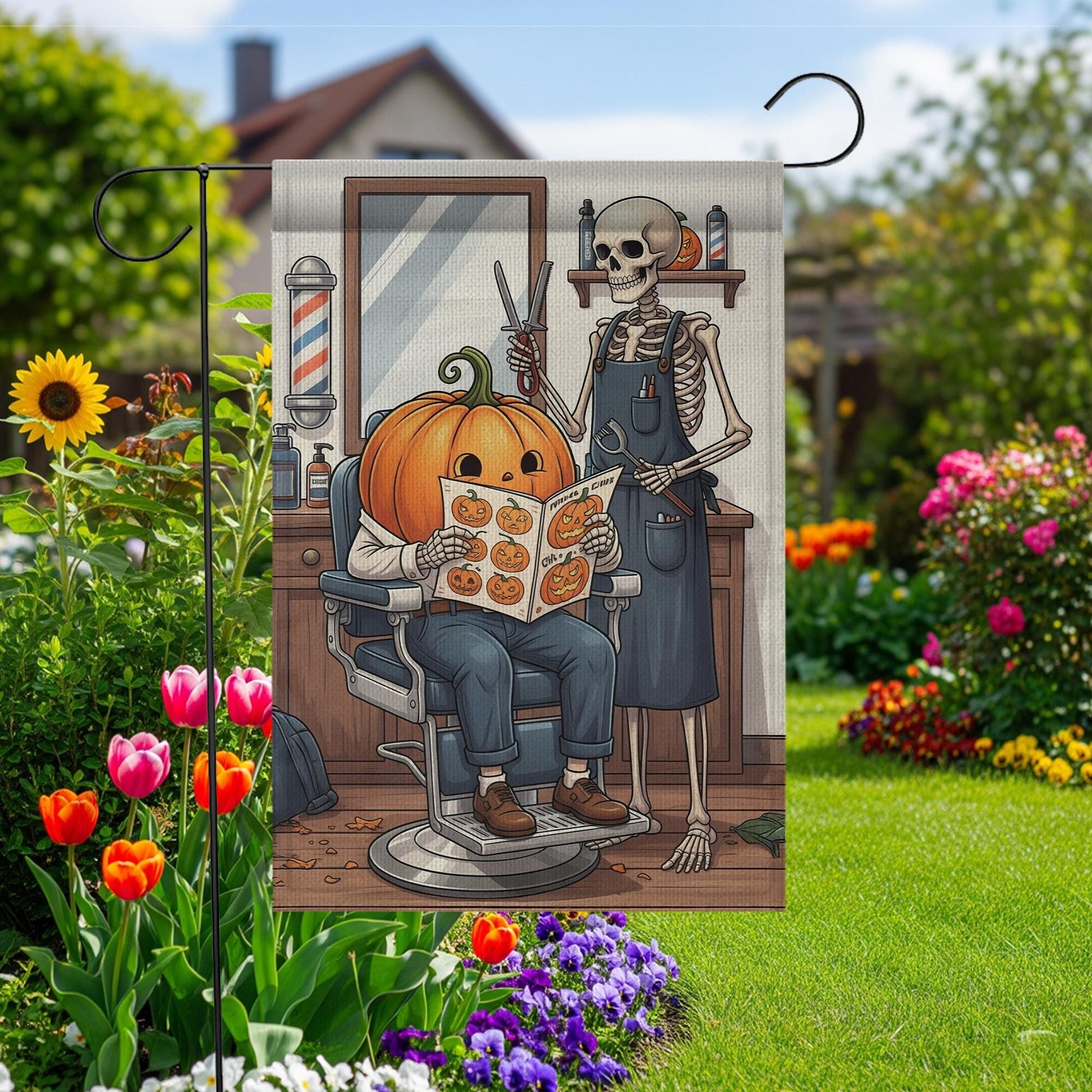 Halloween Skeleton Barber Pumpkin Garden Flag, Spooky Barber Shop Yard Decor, Fall Outdoor Halloween Flag