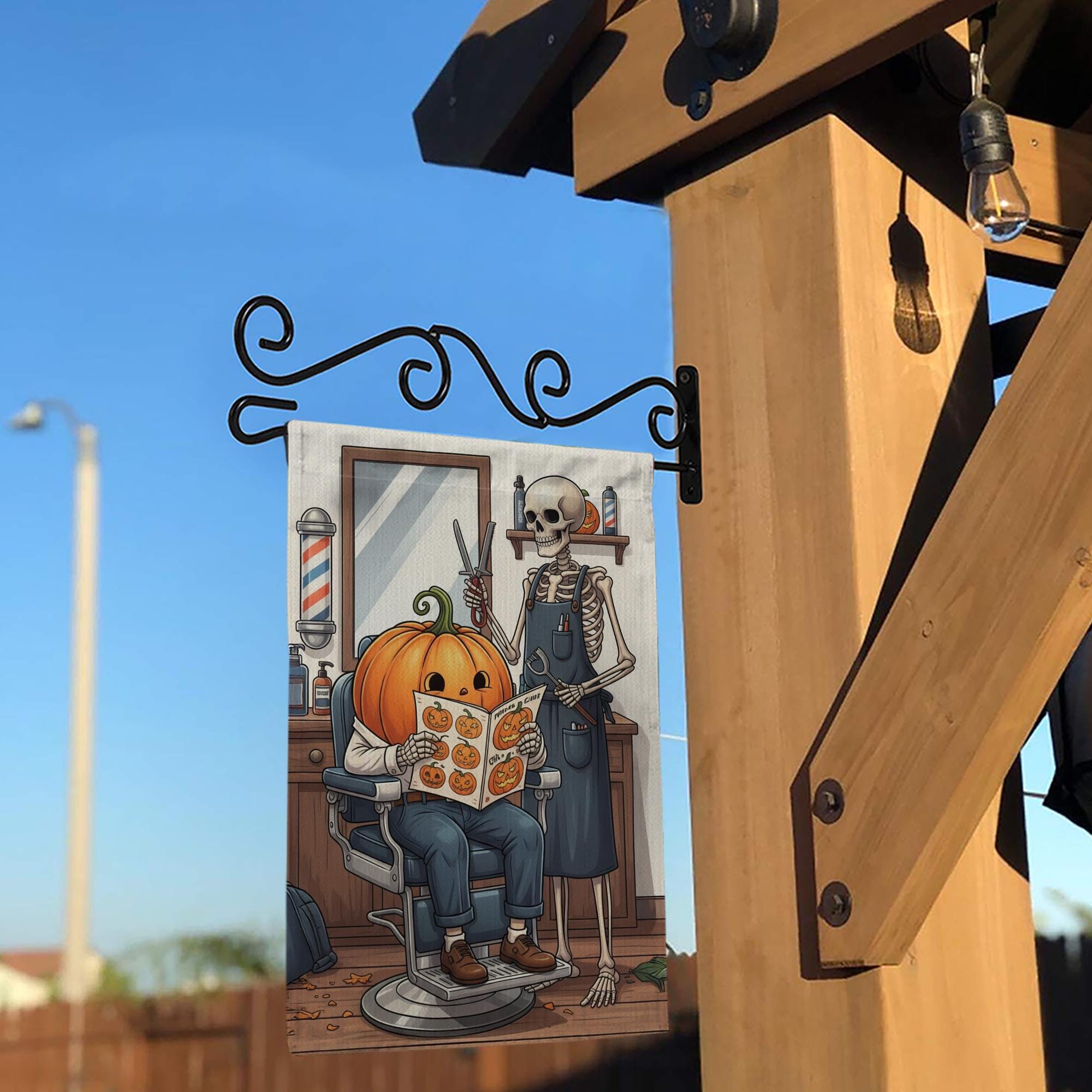 Halloween Skeleton Barber Pumpkin Garden Flag, Spooky Barber Shop Yard Decor, Fall Outdoor Halloween Flag
