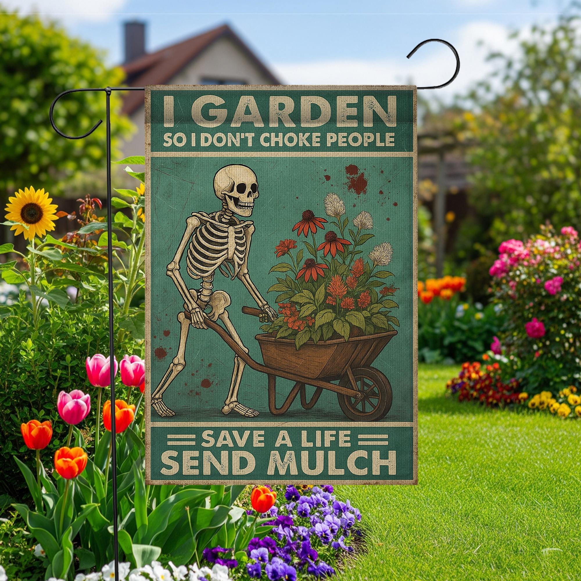 Funny Halloween Gardening Skeleton Flag – “I Garden So I Don’t Choke People – Save a Life Send Mulch” Outdoor Yard Decor