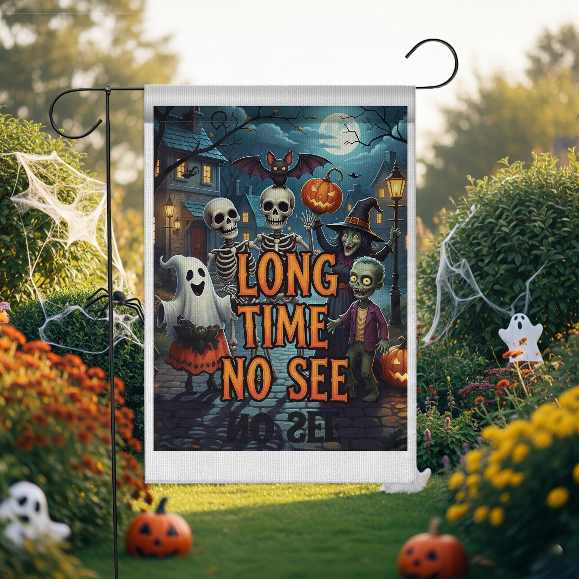 Halloween “Long Time No See” Skeleton Ghost Zombie Garden Flag – Funny Spooky Trick‑or‑Treat Yard Decoration