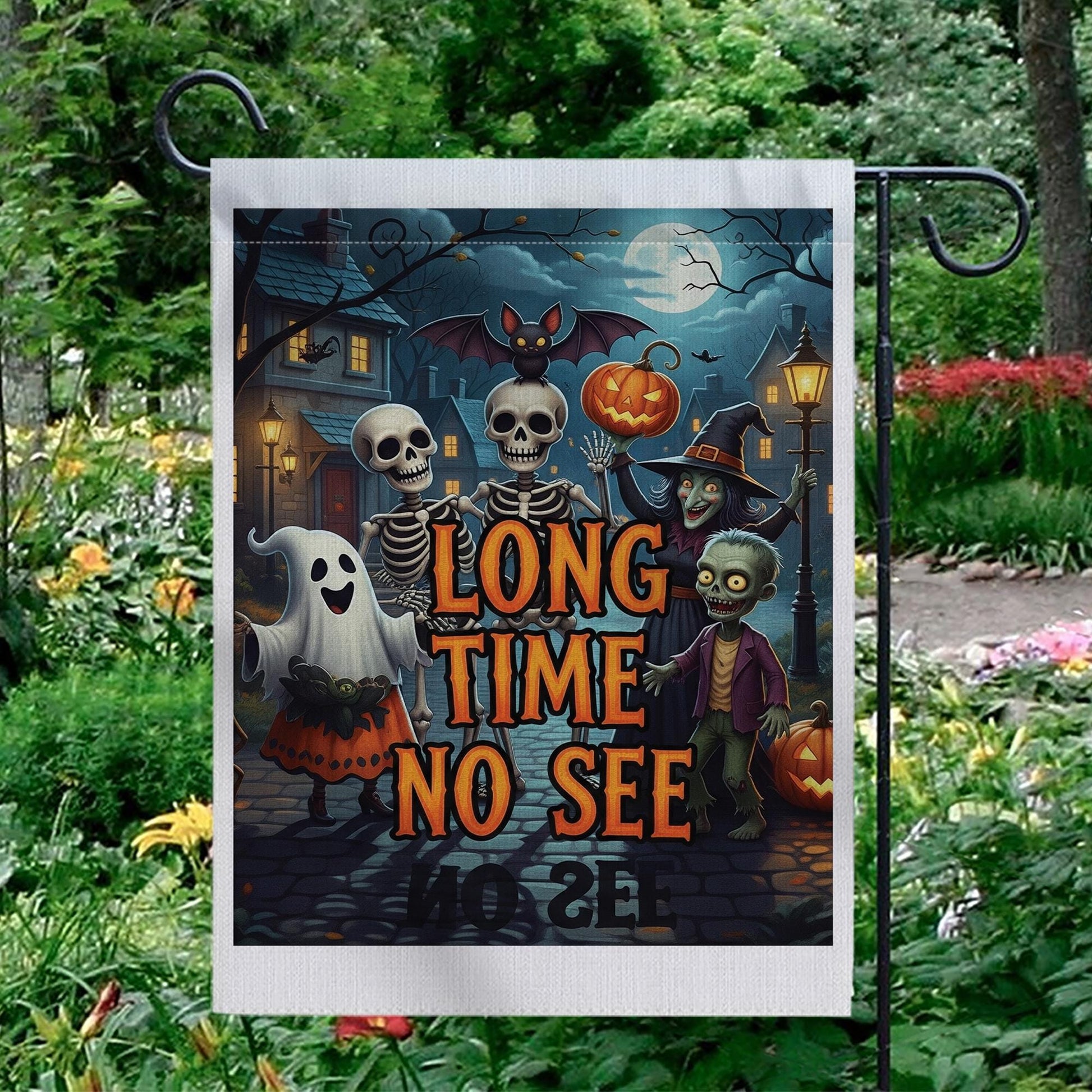 Halloween “Long Time No See” Skeleton Ghost Zombie Garden Flag – Funny Spooky Trick‑or‑Treat Yard Decoration