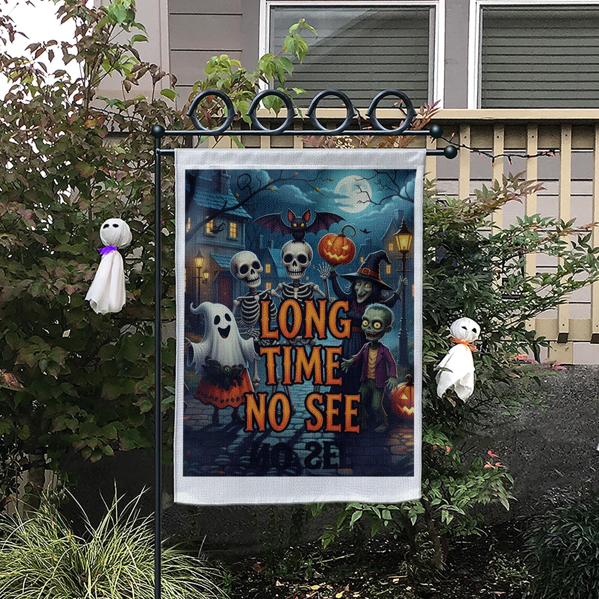 Halloween “Long Time No See” Skeleton Ghost Zombie Garden Flag – Funny Spooky Trick‑or‑Treat Yard Decoration