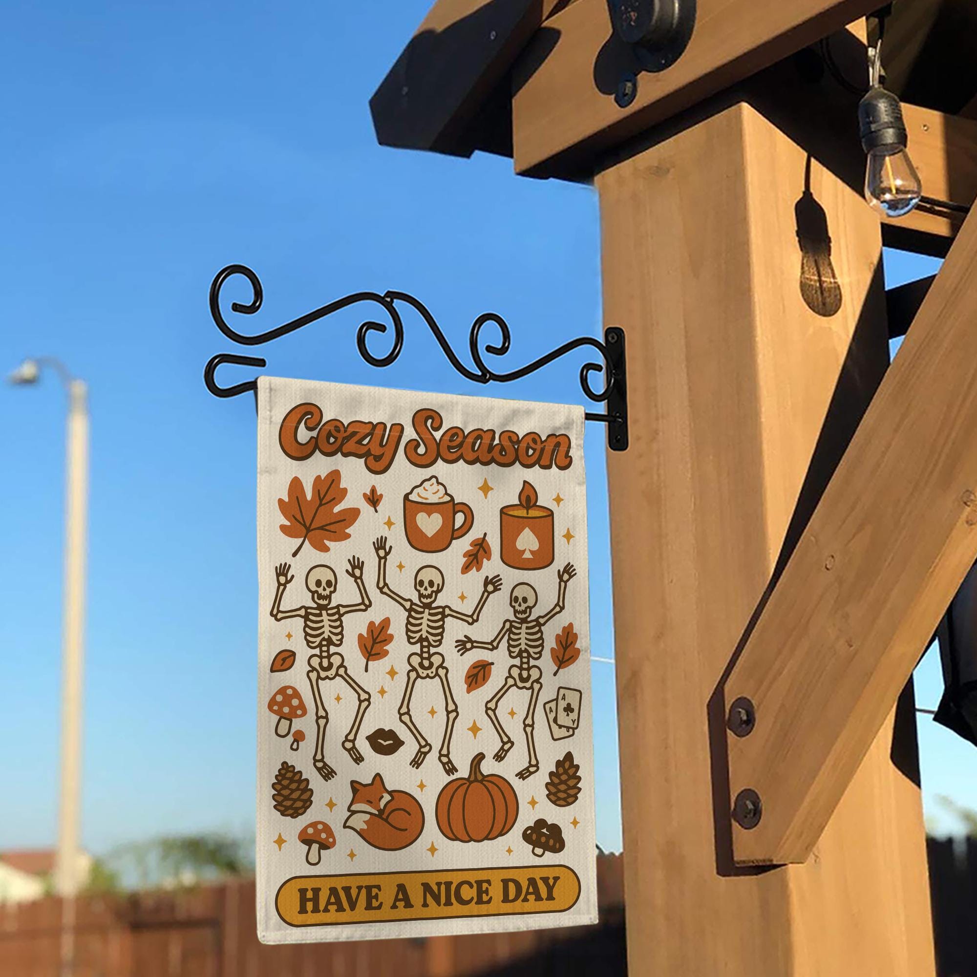 Cozy Season Garden Flag, Dancing Skeletons Fall Yard Decor, Autumn Halloween Outdoor Sign, Pumpkin Spice Porch Decoration