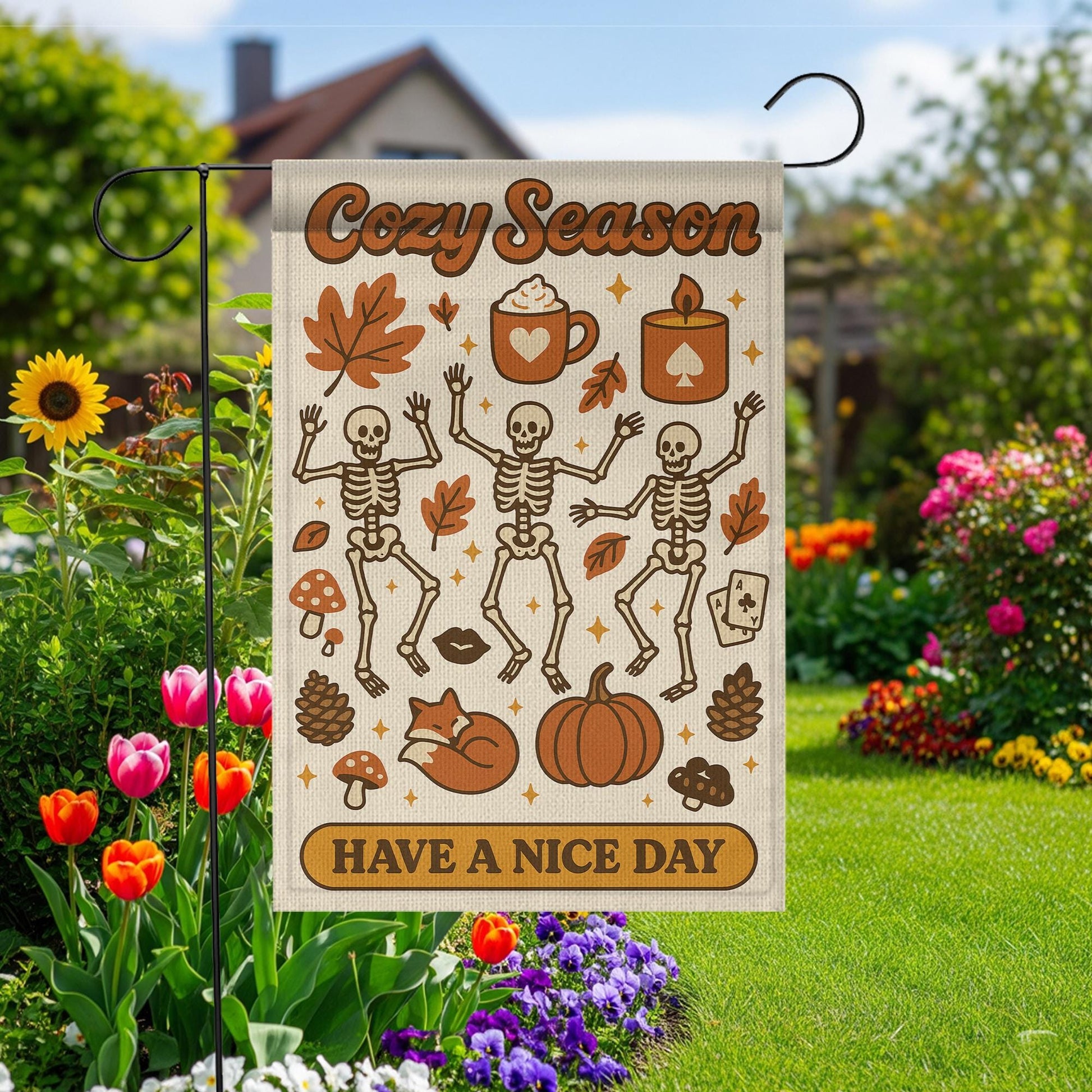 Cozy Season Garden Flag, Dancing Skeletons Fall Yard Decor, Autumn Halloween Outdoor Sign, Pumpkin Spice Porch Decoration