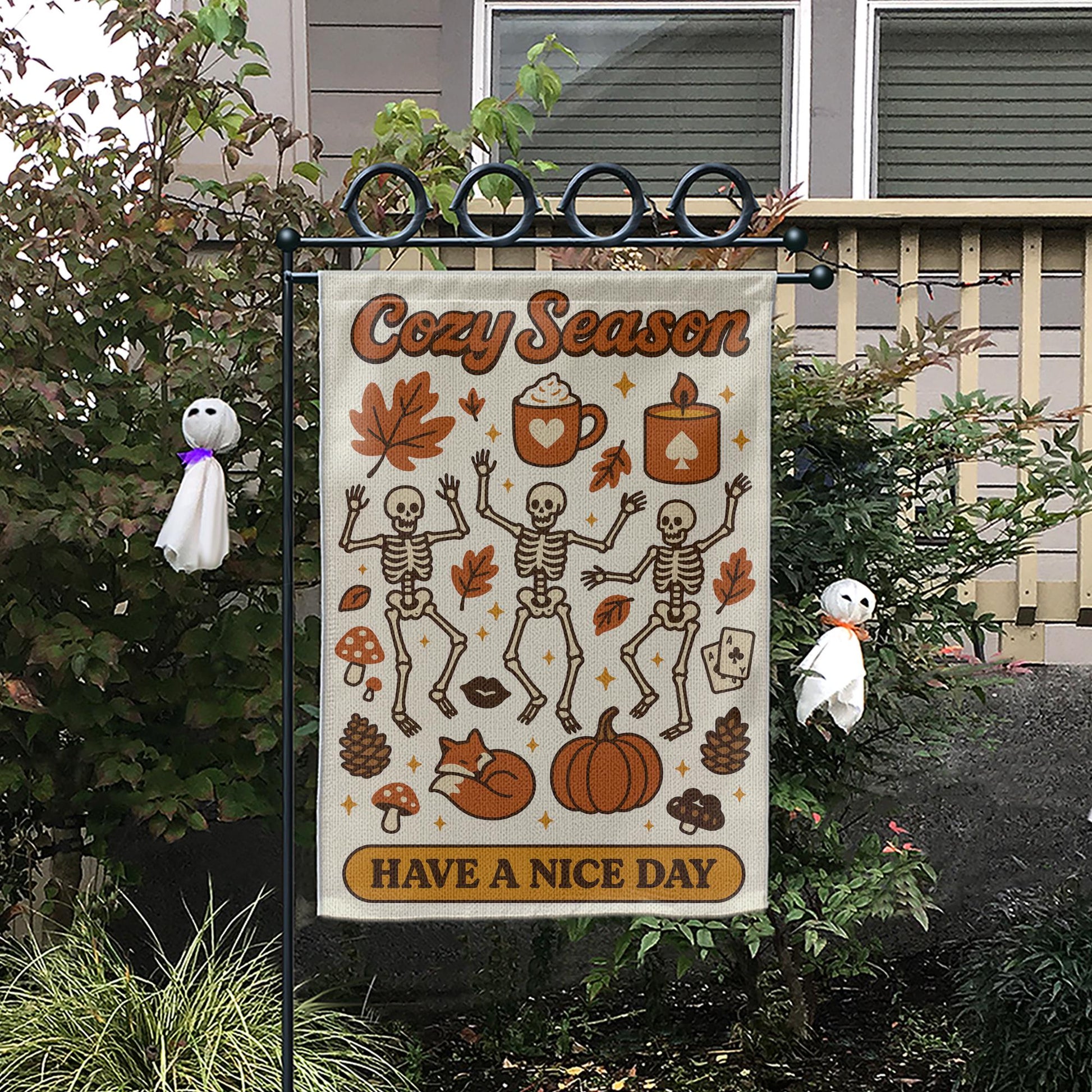 Cozy Season Garden Flag, Dancing Skeletons Fall Yard Decor, Autumn Halloween Outdoor Sign, Pumpkin Spice Porch Decoration