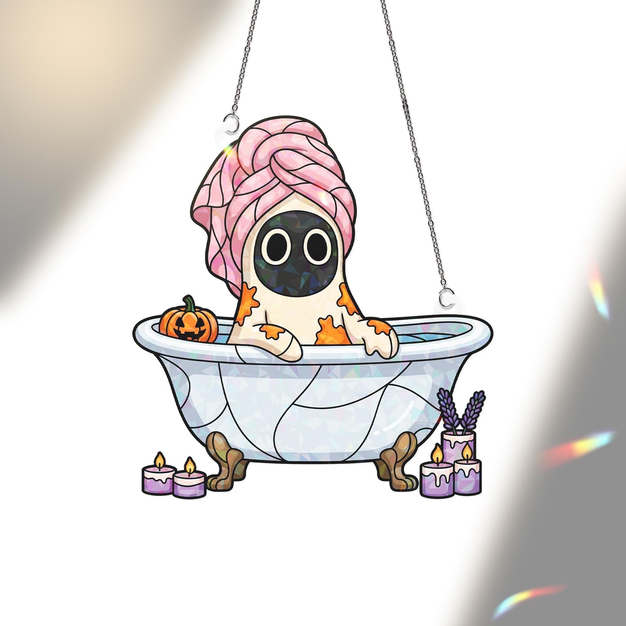 Spooky Spa Night Ghost in Bathtub Window Hanger – Halloween Suncatcher, Bubble Bath Ghost with Pumpkin Candle Decor