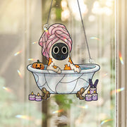 Spooky Spa Night Ghost in Bathtub Window Hanger – Halloween Suncatcher, Bubble Bath Ghost with Pumpkin Candle Decor