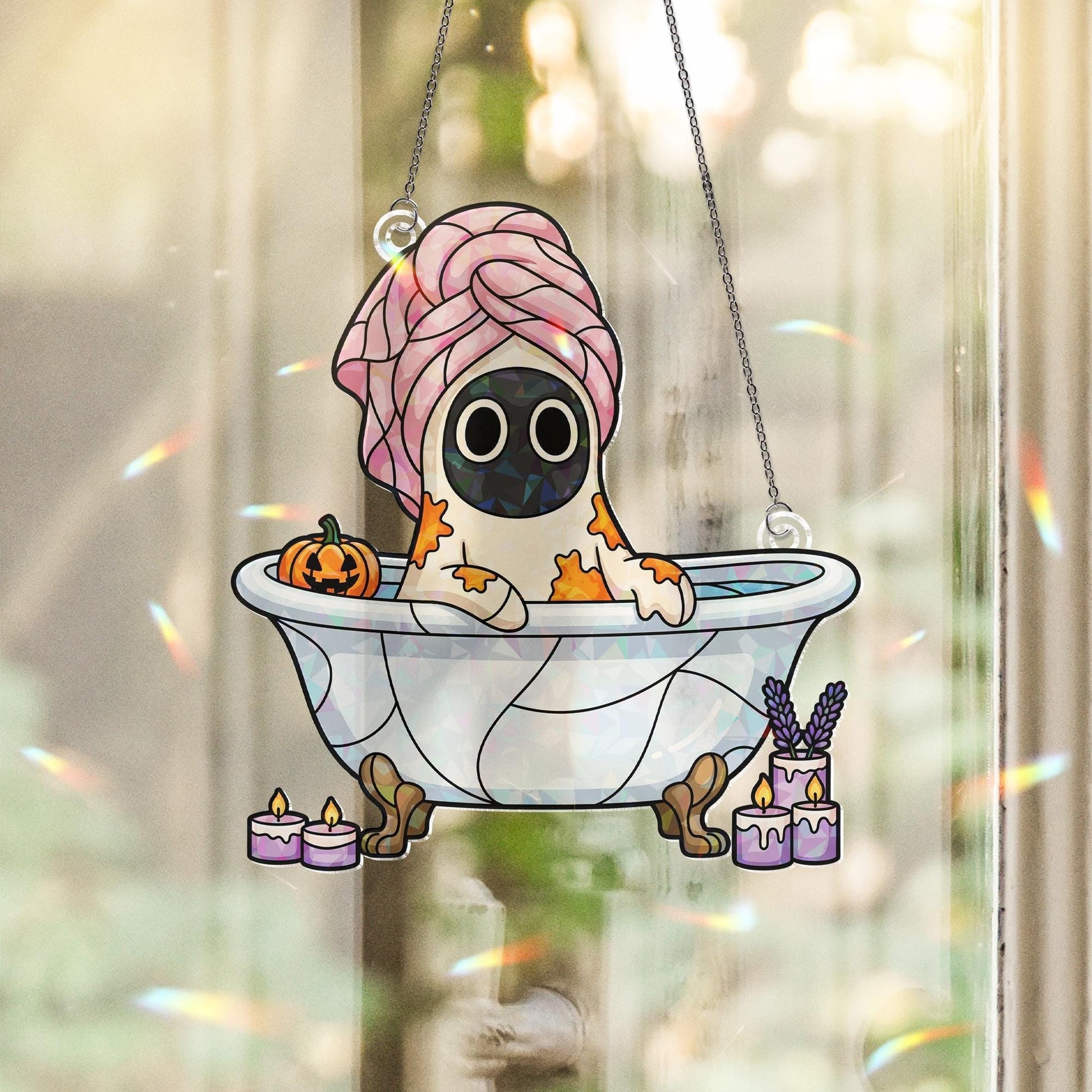 Spooky Spa Night Ghost in Bathtub Window Hanger – Halloween Suncatcher, Bubble Bath Ghost with Pumpkin Candle Decor