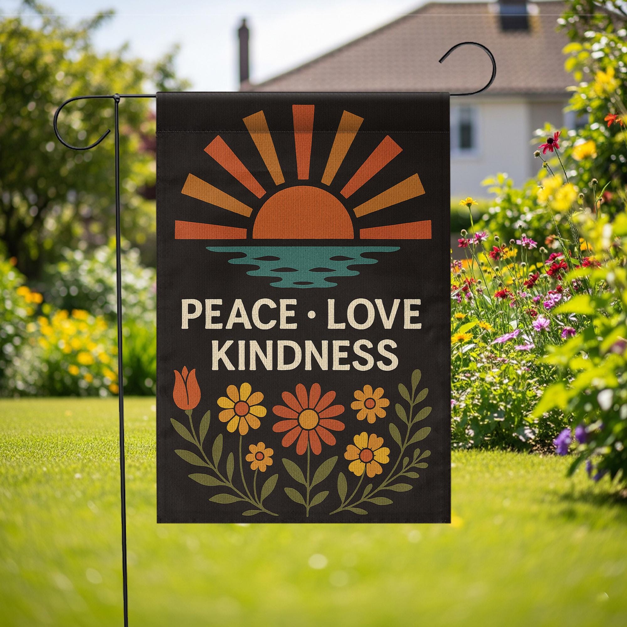 Peace Love Kindness Garden Flag, Boho Sunset Floral Yard Decor, Inspirational Outdoor Sign, Positive Vibes Porch Banner