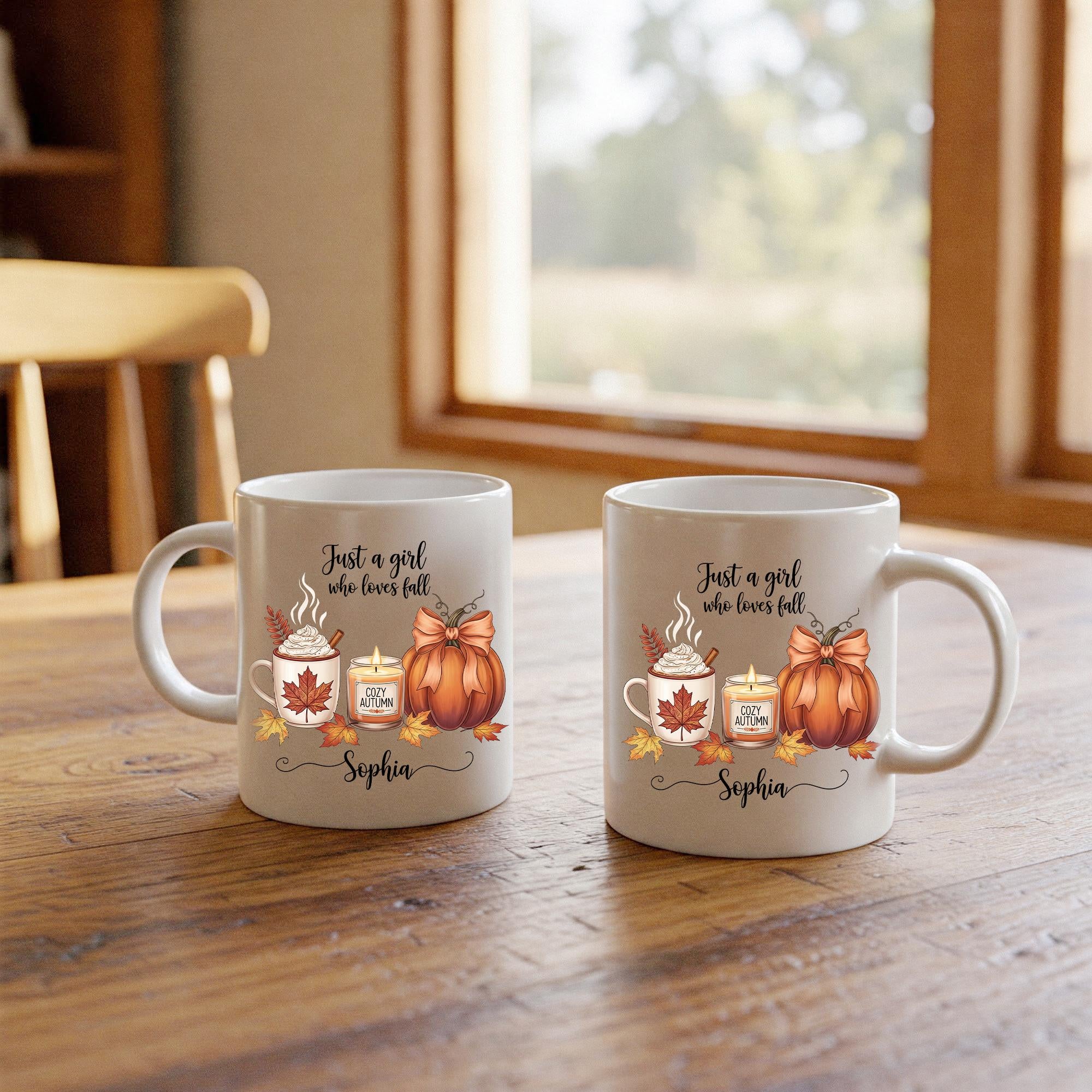 Personalized Fall Mug, Custom Name Autumn Coffee Cup, Just a Girl Who Loves Fall Gift, Cozy Pumpkin Latte Mug, Thanksgiving Gift for Her