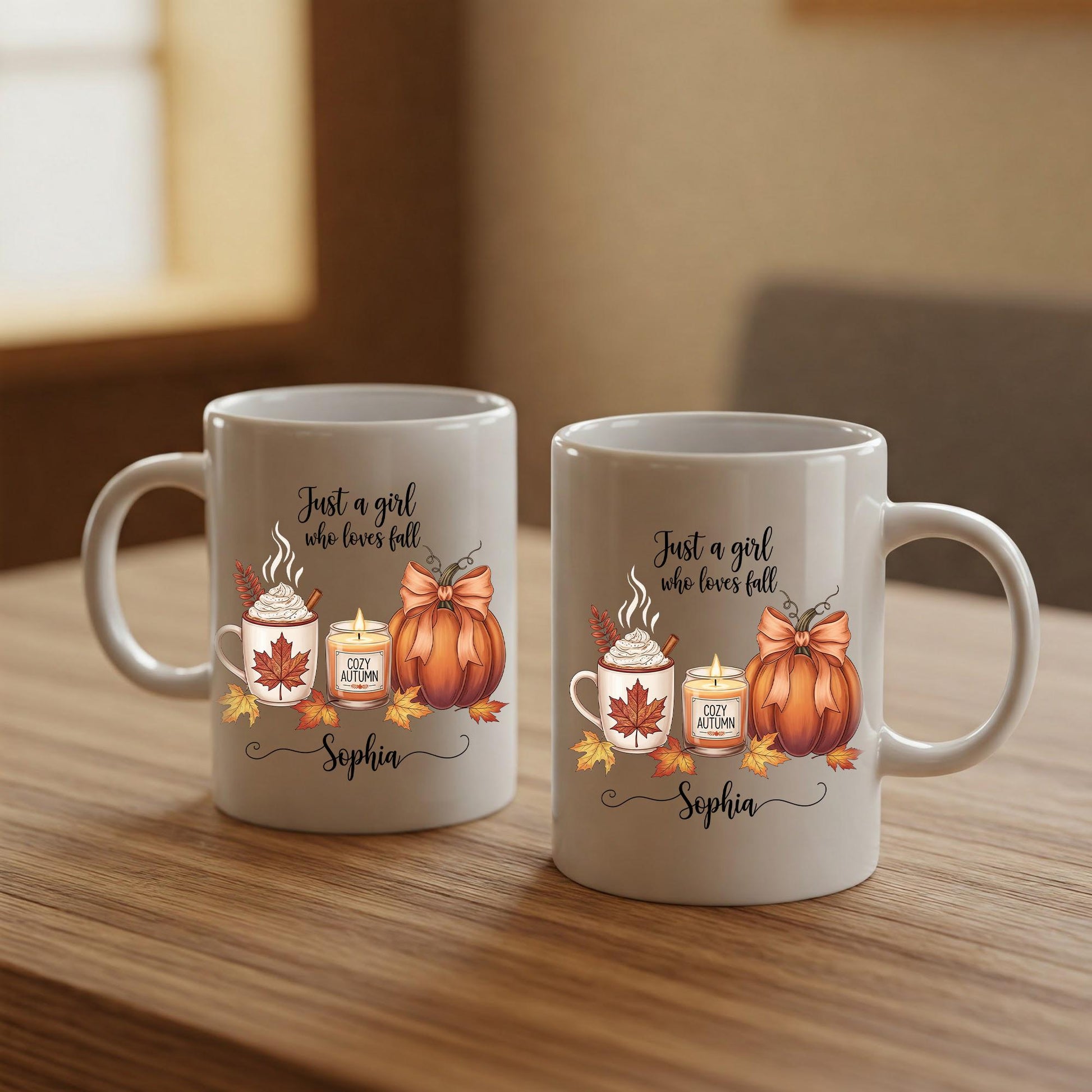 Personalized Fall Mug, Custom Name Autumn Coffee Cup, Just a Girl Who Loves Fall Gift, Cozy Pumpkin Latte Mug, Thanksgiving Gift for Her
