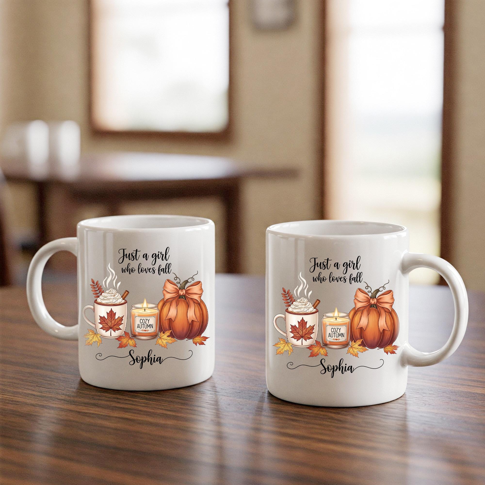 Personalized Fall Mug, Custom Name Autumn Coffee Cup, Just a Girl Who Loves Fall Gift, Cozy Pumpkin Latte Mug, Thanksgiving Gift for Her
