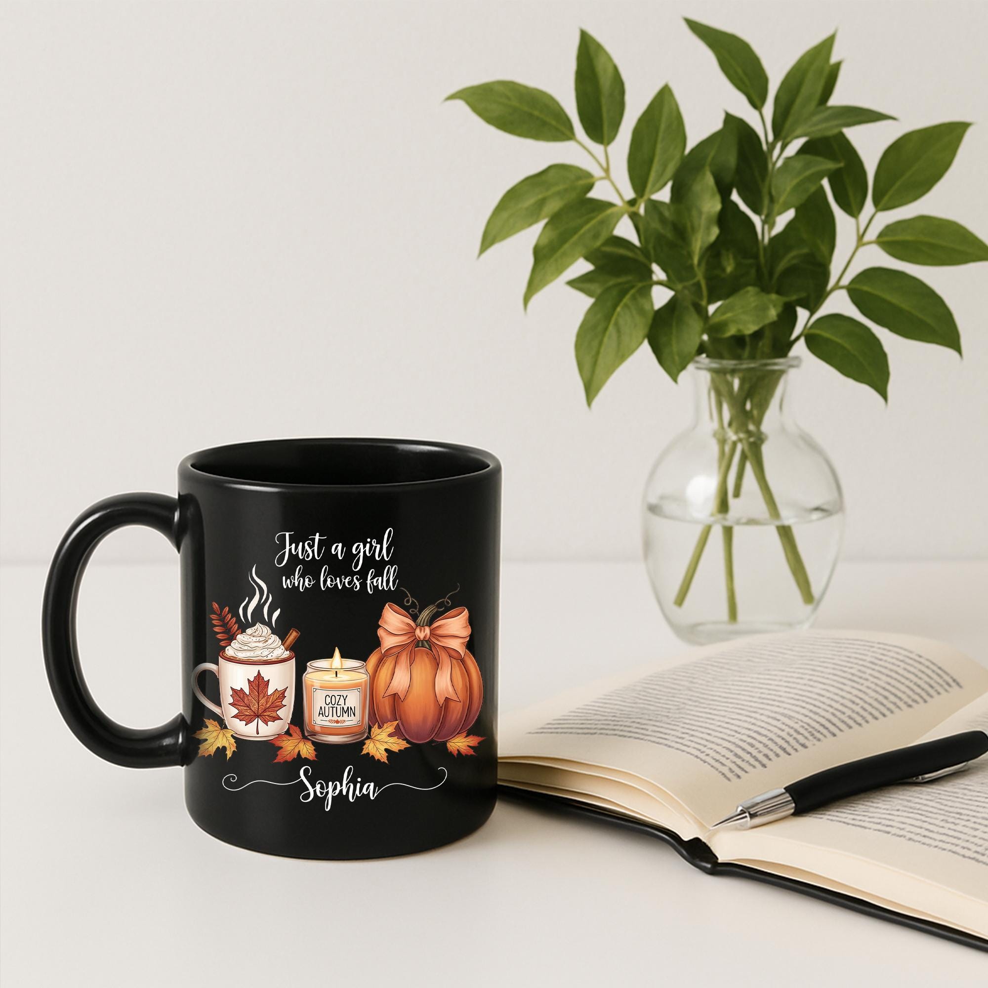 Personalized Fall Mug, Custom Name Autumn Coffee Cup, Just a Girl Who Loves Fall Gift, Cozy Pumpkin Latte Mug, Thanksgiving Gift for Her