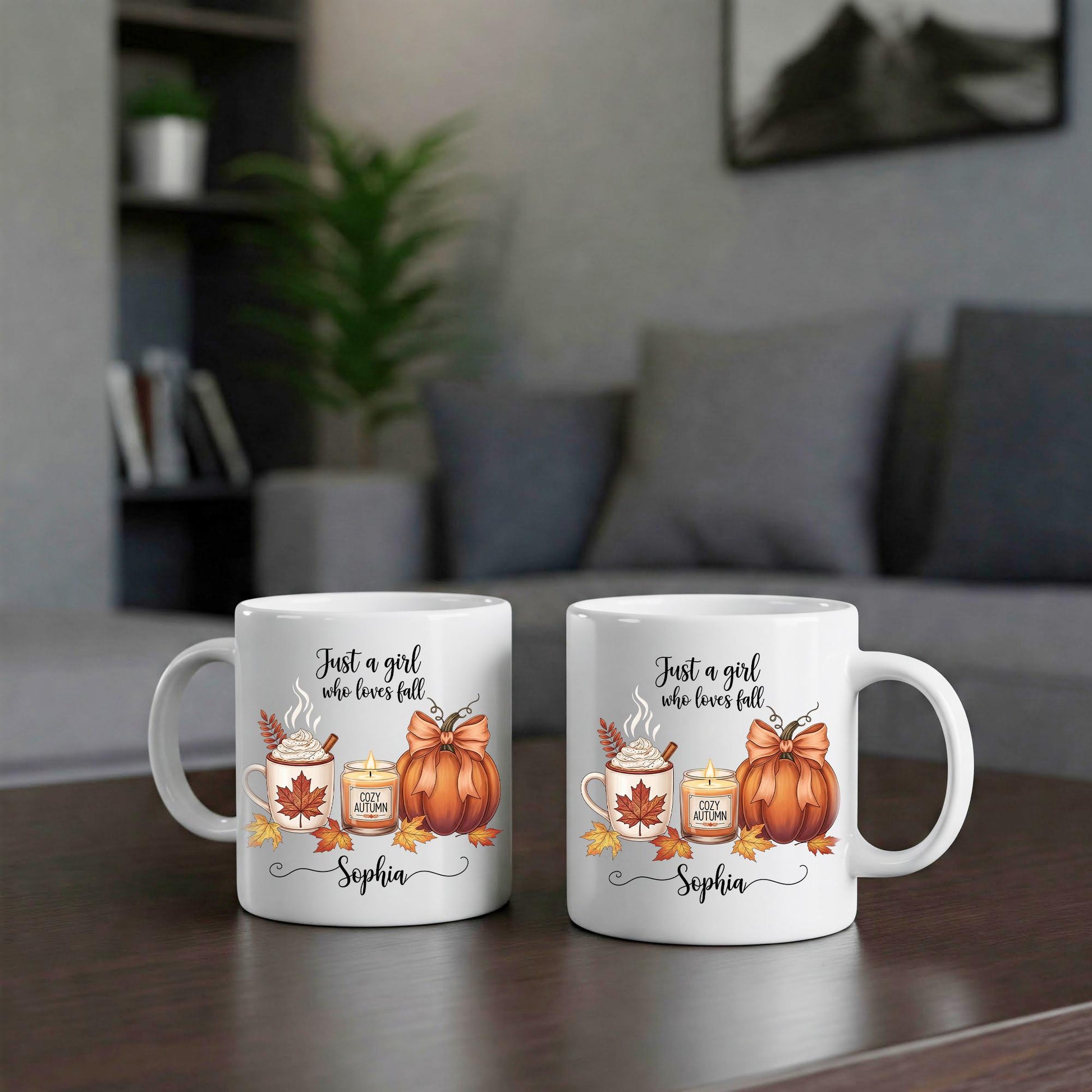 Personalized Fall Mug, Custom Name Autumn Coffee Cup, Just a Girl Who Loves Fall Gift, Cozy Pumpkin Latte Mug, Thanksgiving Gift for Her