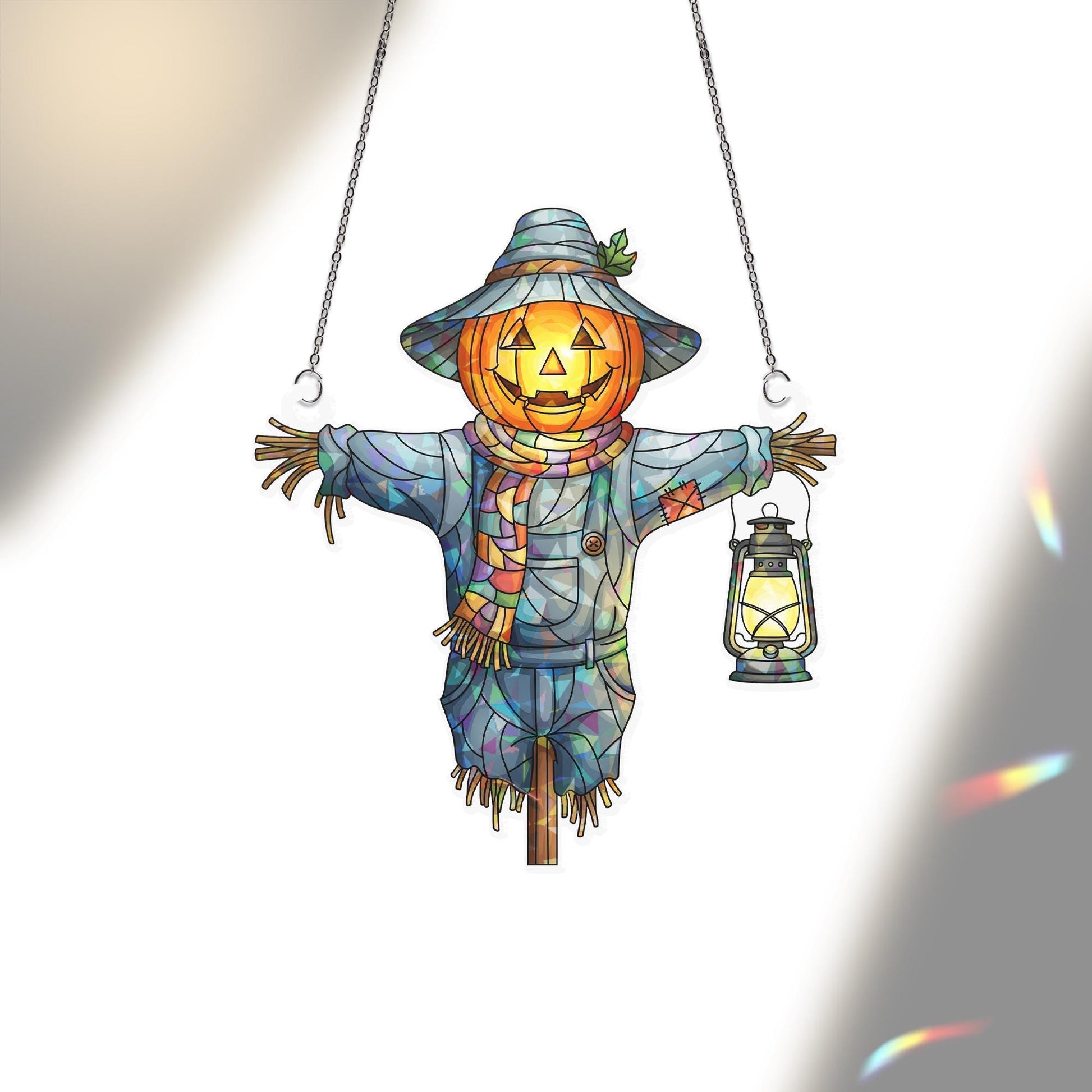 Holographic Scarecrow Pumpkin Window Hanging – Halloween Prism Sun Catcher, Autumn Harvest Decor, Lantern Fall Home Art