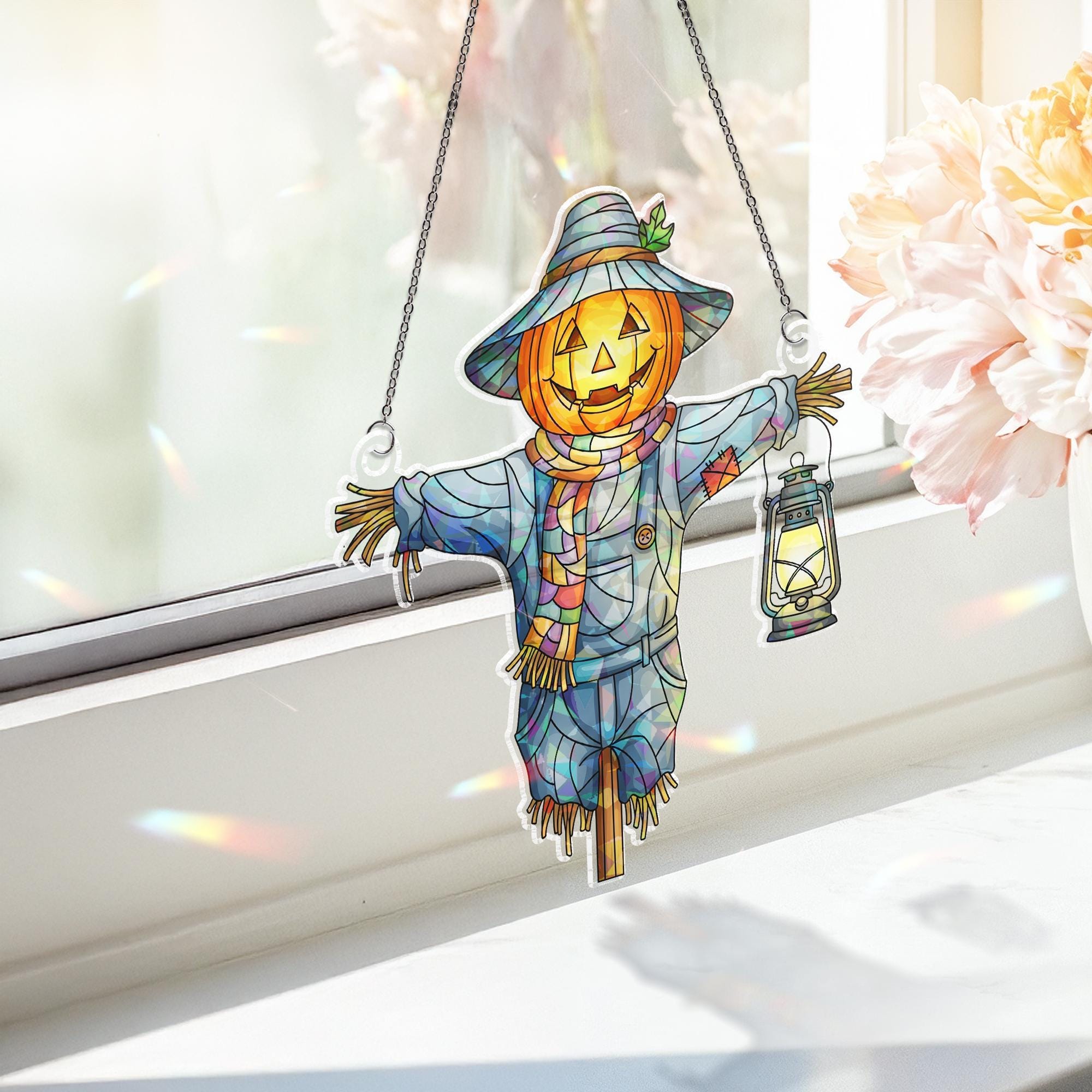 Holographic Scarecrow Pumpkin Window Hanging – Halloween Prism Sun Catcher, Autumn Harvest Decor, Lantern Fall Home Art