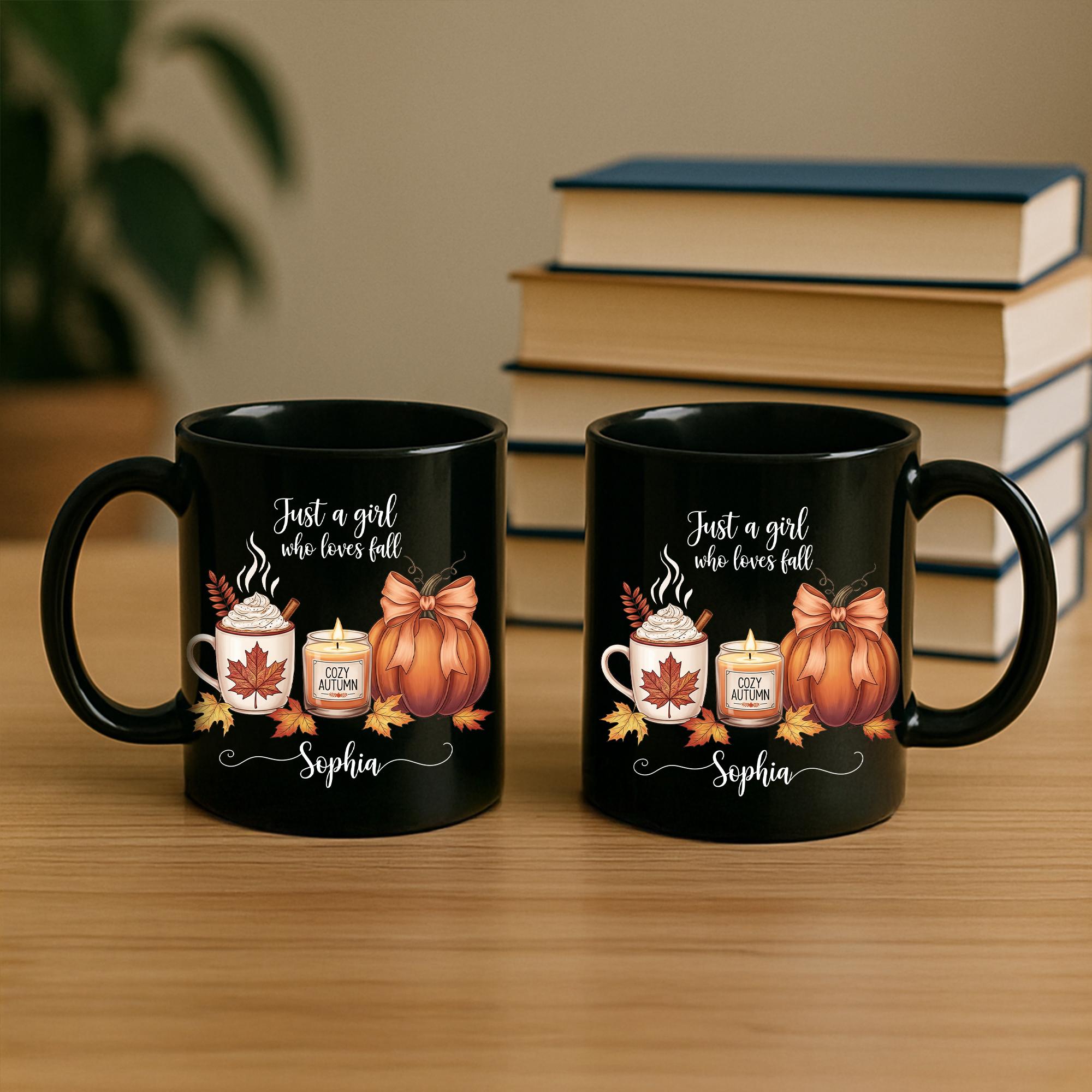 Personalized Fall Mug, Custom Name Autumn Coffee Cup, Just a Girl Who Loves Fall Gift, Cozy Pumpkin Latte Mug, Thanksgiving Gift for Her