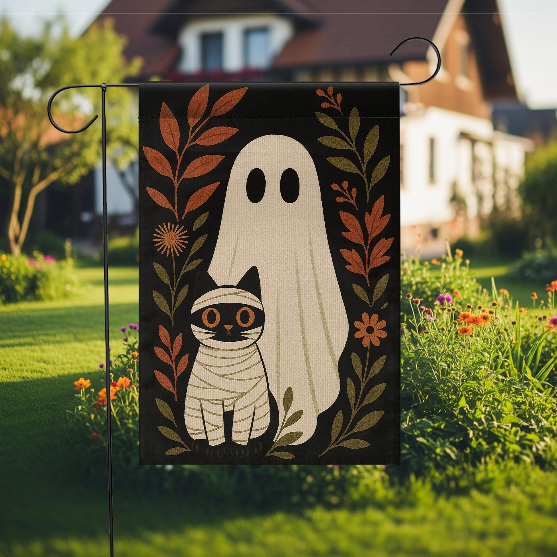 Ghost and Mummy Cat Garden Flag, Cute Halloween Yard Decor, Spooky Fall Outdoor Banner, Trick or Treat Porch Decoration