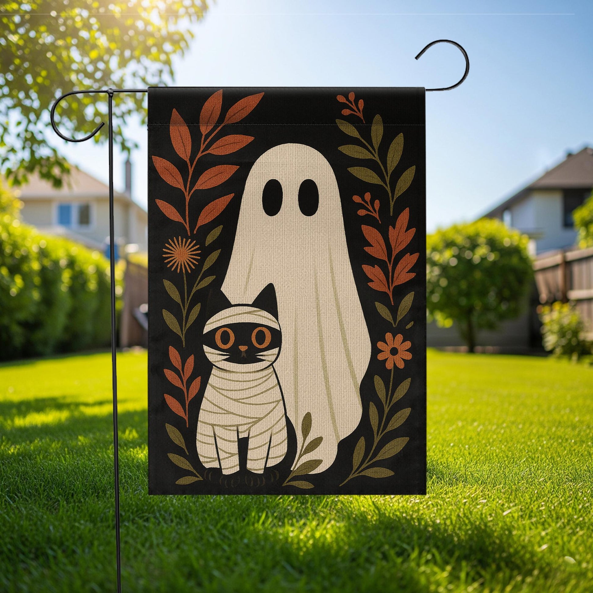 Ghost and Mummy Cat Garden Flag, Cute Halloween Yard Decor, Spooky Fall Outdoor Banner, Trick or Treat Porch Decoration
