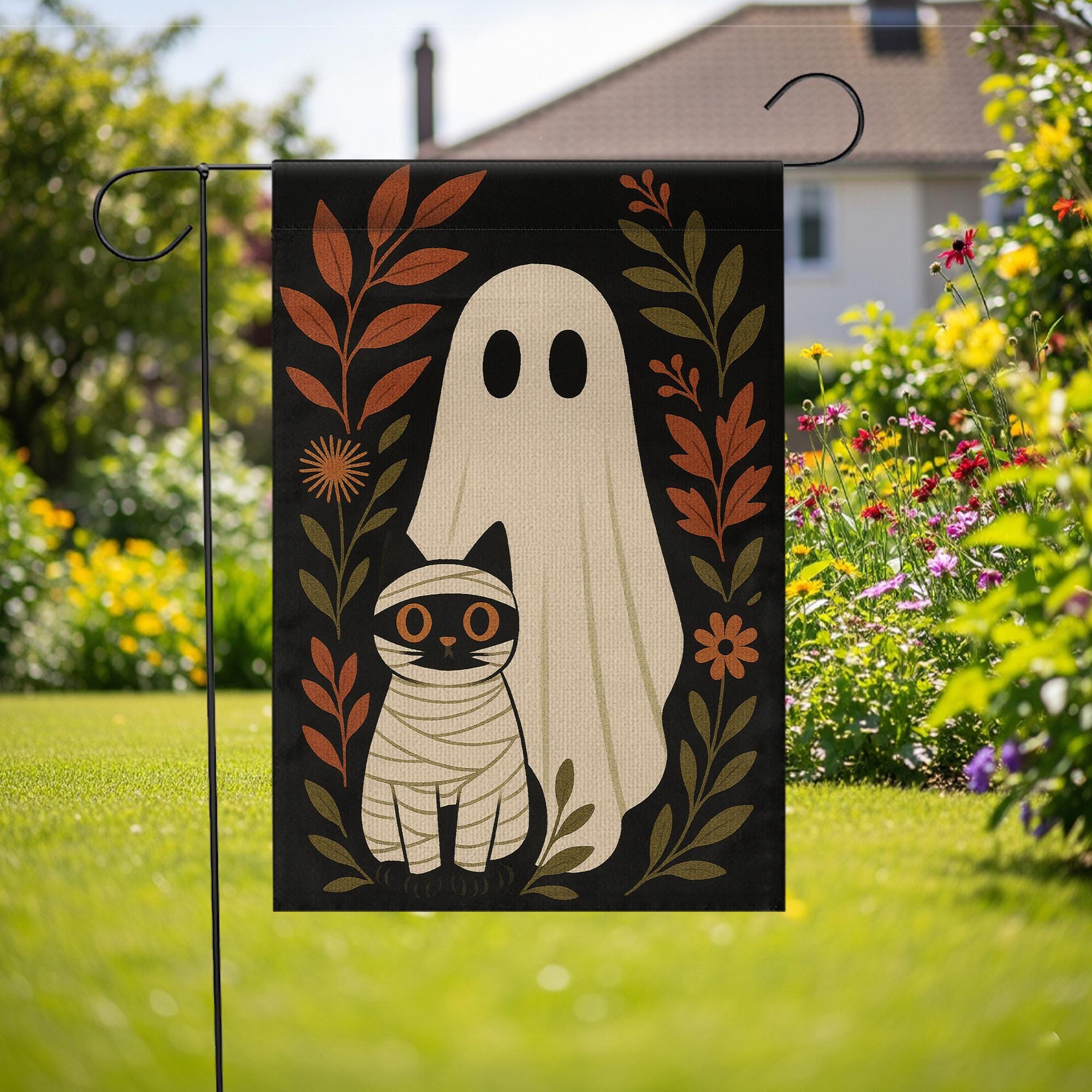 Ghost and Mummy Cat Garden Flag, Cute Halloween Yard Decor, Spooky Fall Outdoor Banner, Trick or Treat Porch Decoration