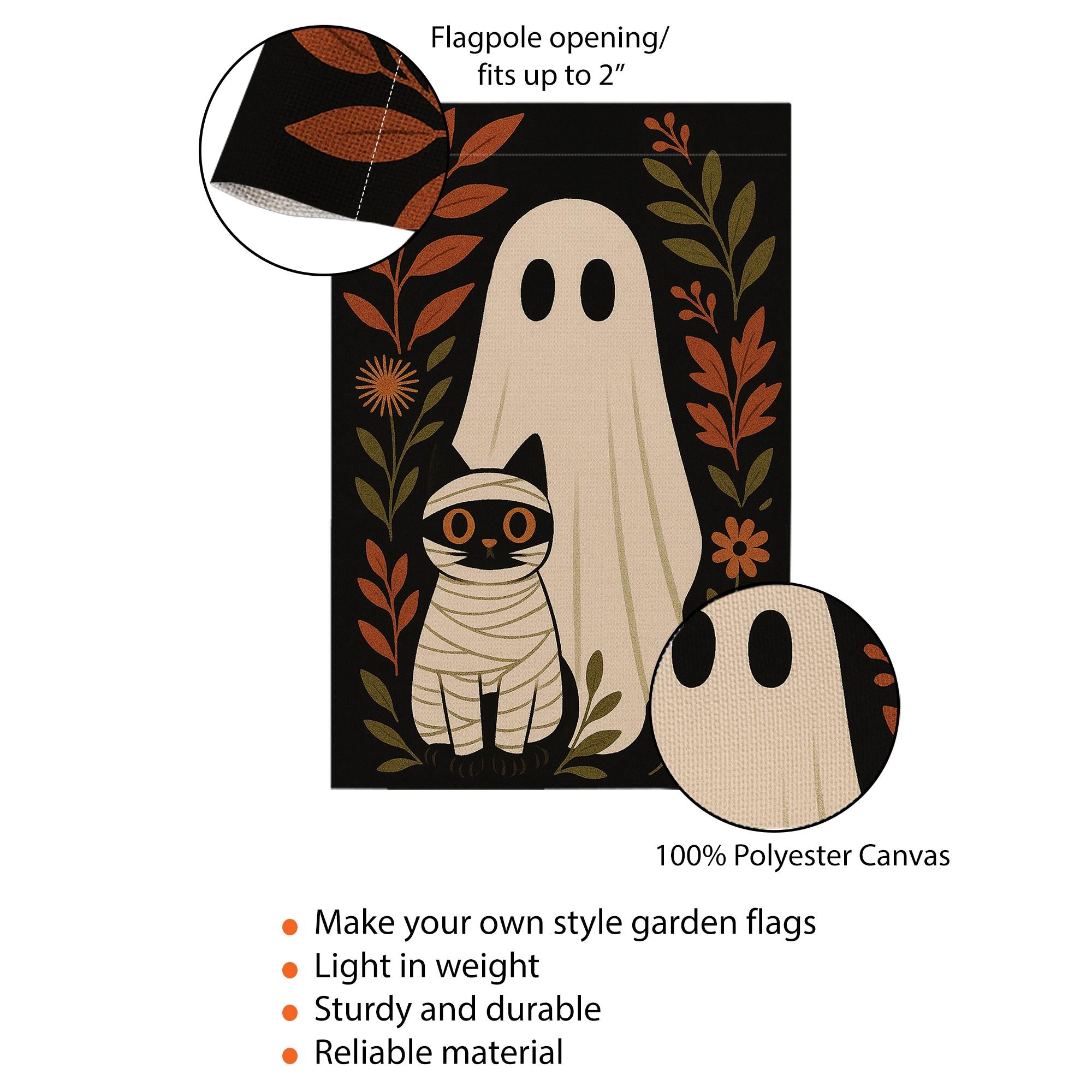 Ghost and Mummy Cat Garden Flag, Cute Halloween Yard Decor, Spooky Fall Outdoor Banner, Trick or Treat Porch Decoration