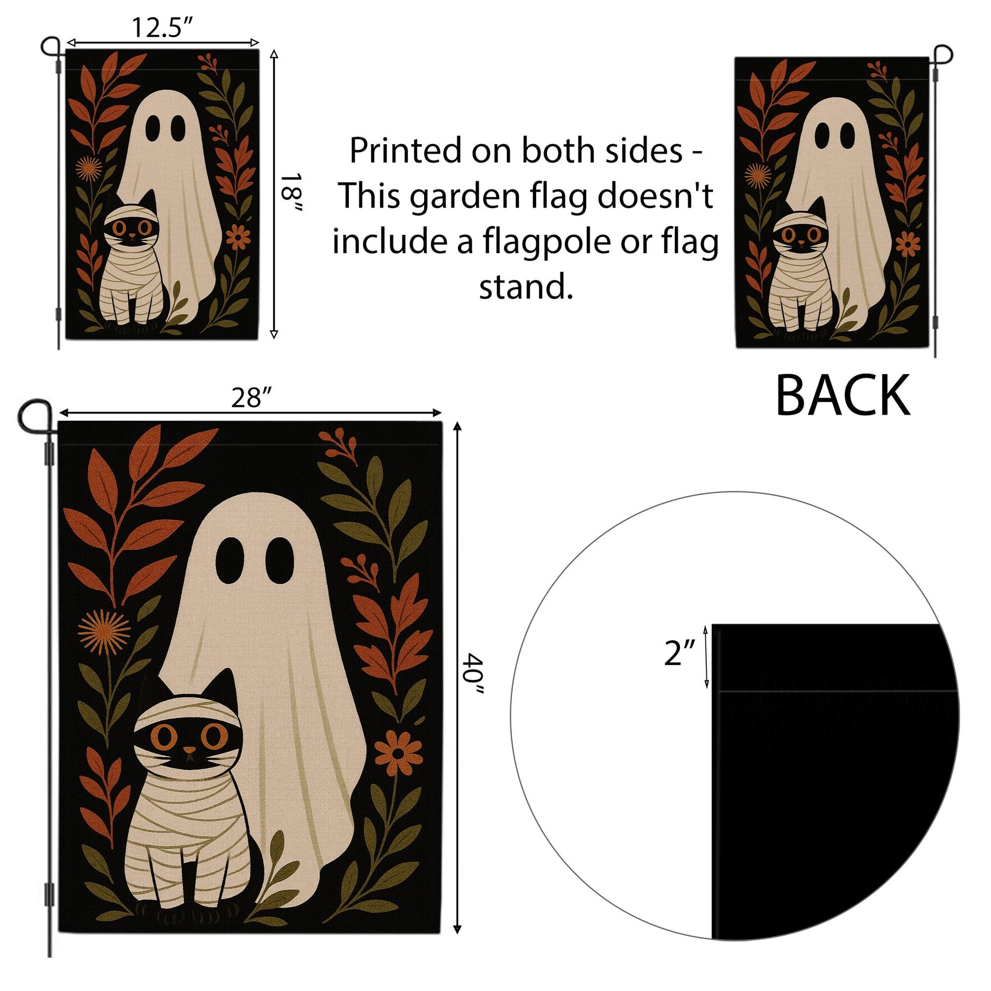 Ghost and Mummy Cat Garden Flag, Cute Halloween Yard Decor, Spooky Fall Outdoor Banner, Trick or Treat Porch Decoration