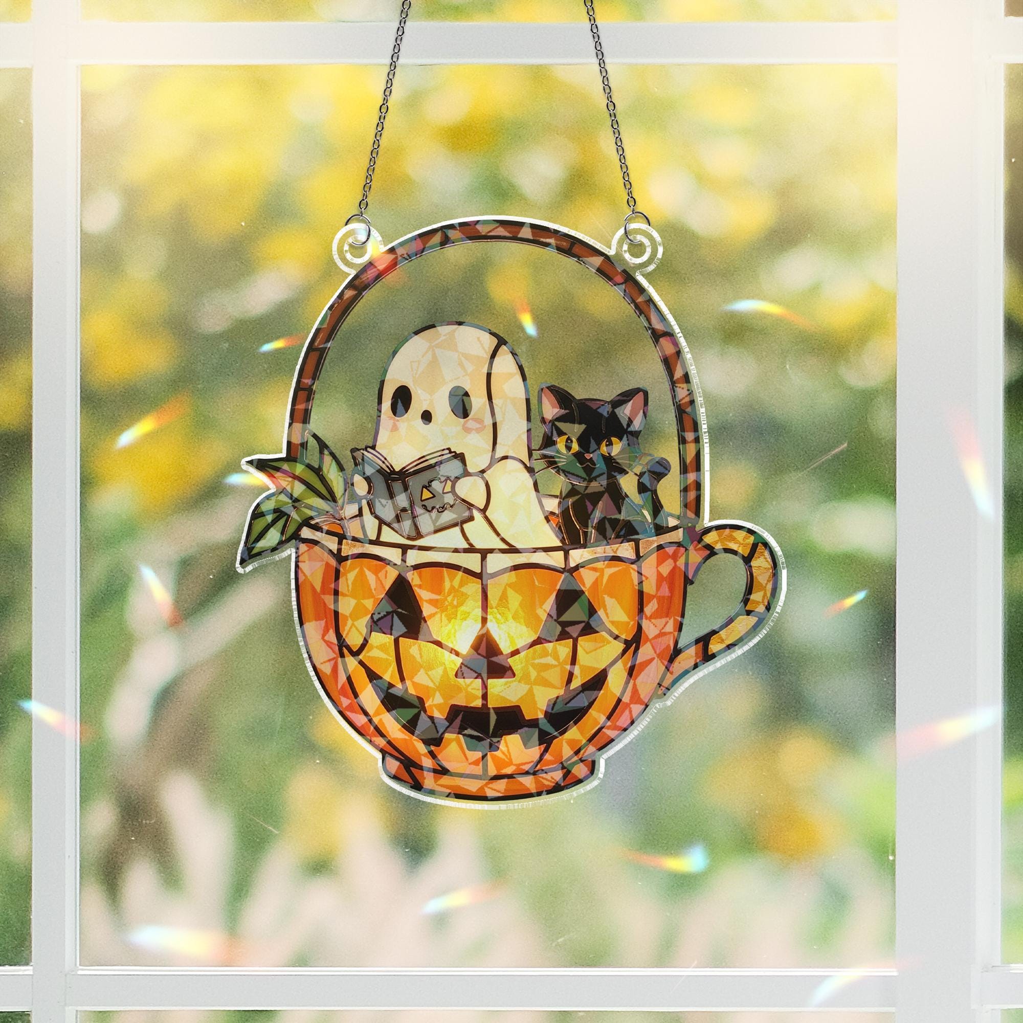 Ghost Cat Teacup Acrylic Window Hanging, Halloween Hologram Window Hanging, Spooky Cute Pumpkin Decor, Fall Sunlight Catcher Gift