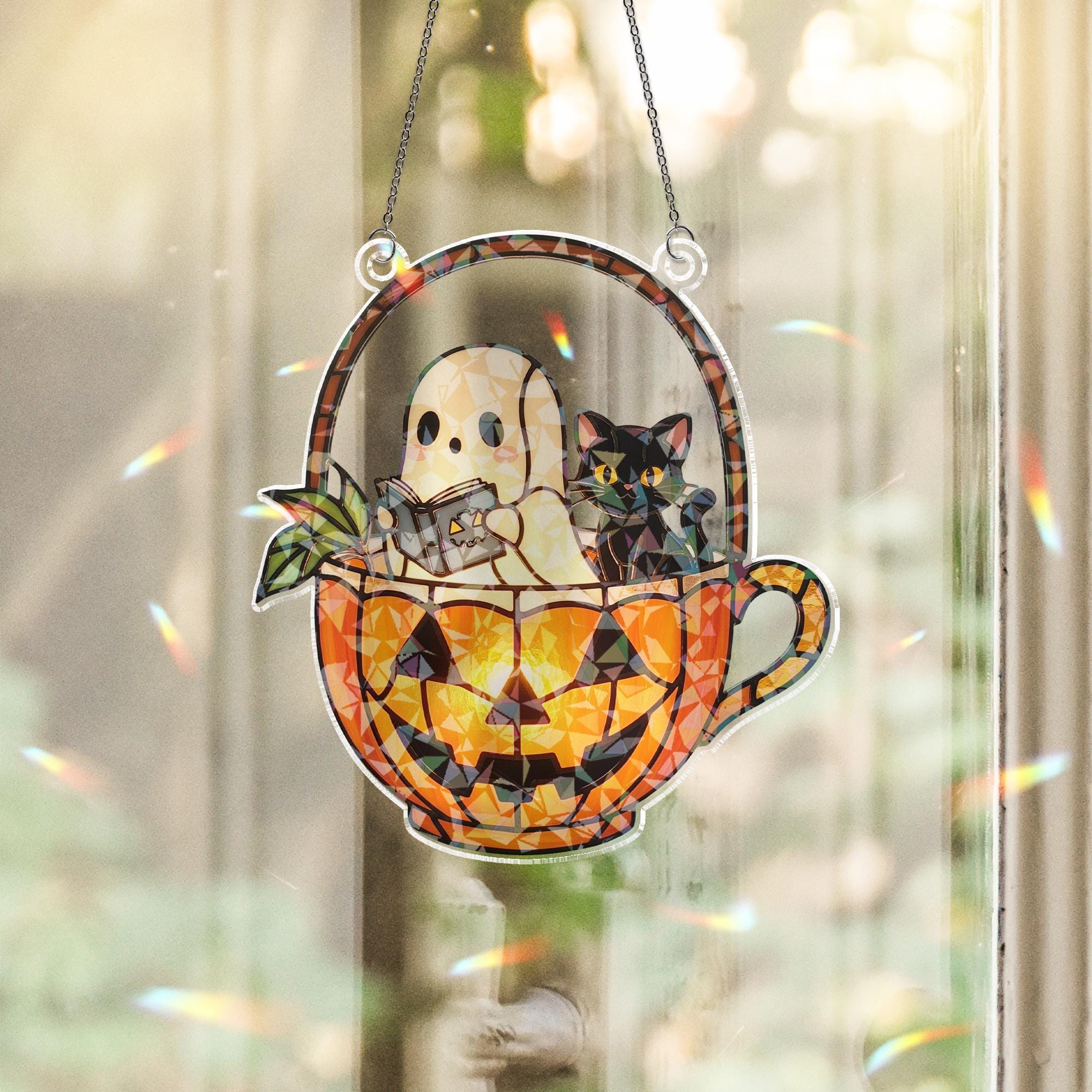 Ghost Cat Teacup Acrylic Window Hanging, Halloween Hologram Window Hanging, Spooky Cute Pumpkin Decor, Fall Sunlight Catcher Gift