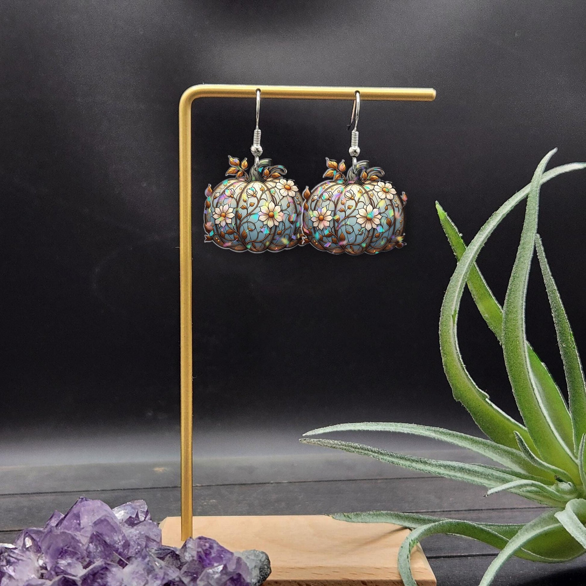 Pumpkin Floral Earrings – Blue Pumpkin with Daisies Fall Earrings, Autumn Harvest Jewelry, Rustic Seasonal Statement Earrings