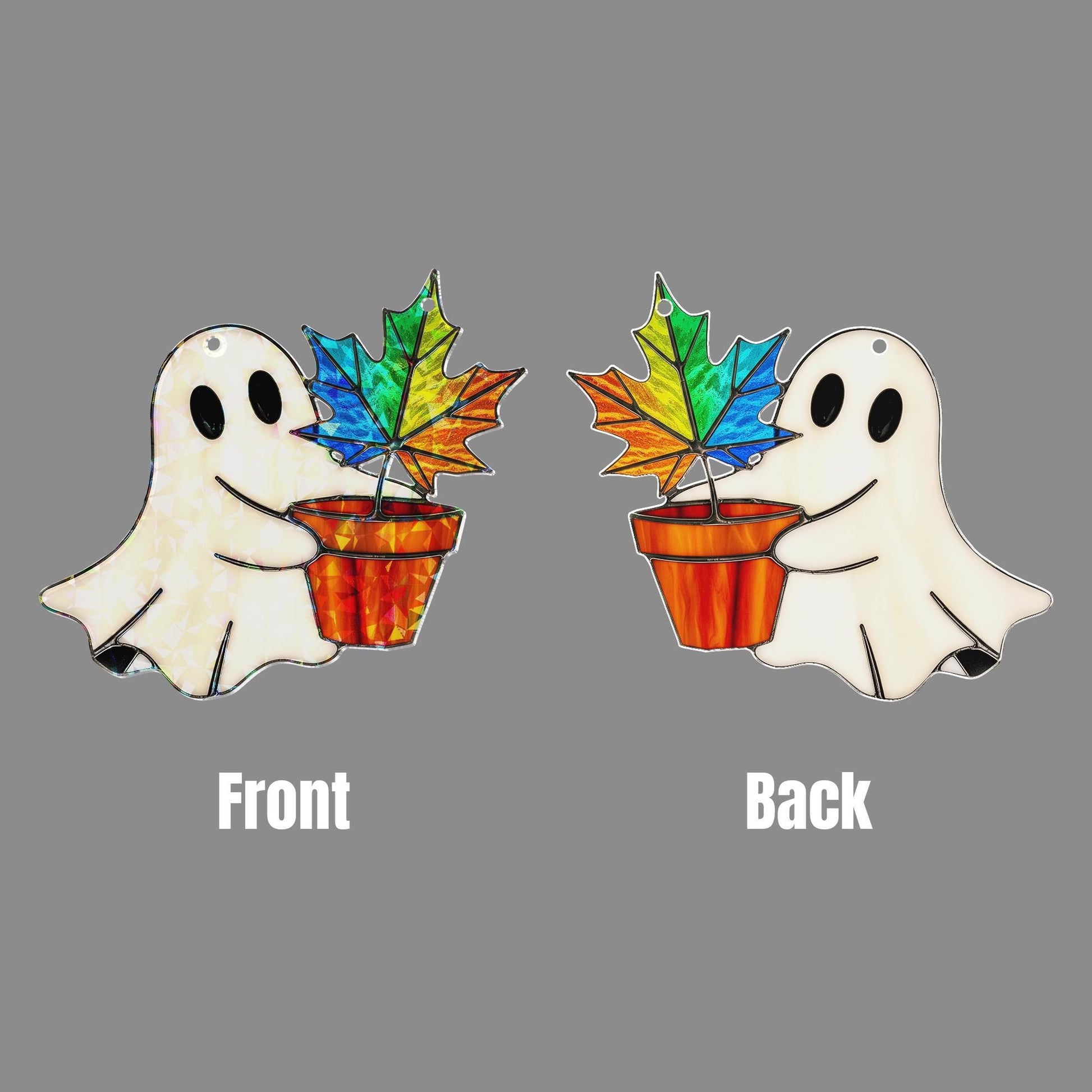 Ghost Leaf Pot Acrylic Halloween Window Hanging, Rainbow Fall Hologram Decor, Cute Ghost Autumn Sun Catcher Gift, Suncatcher Style