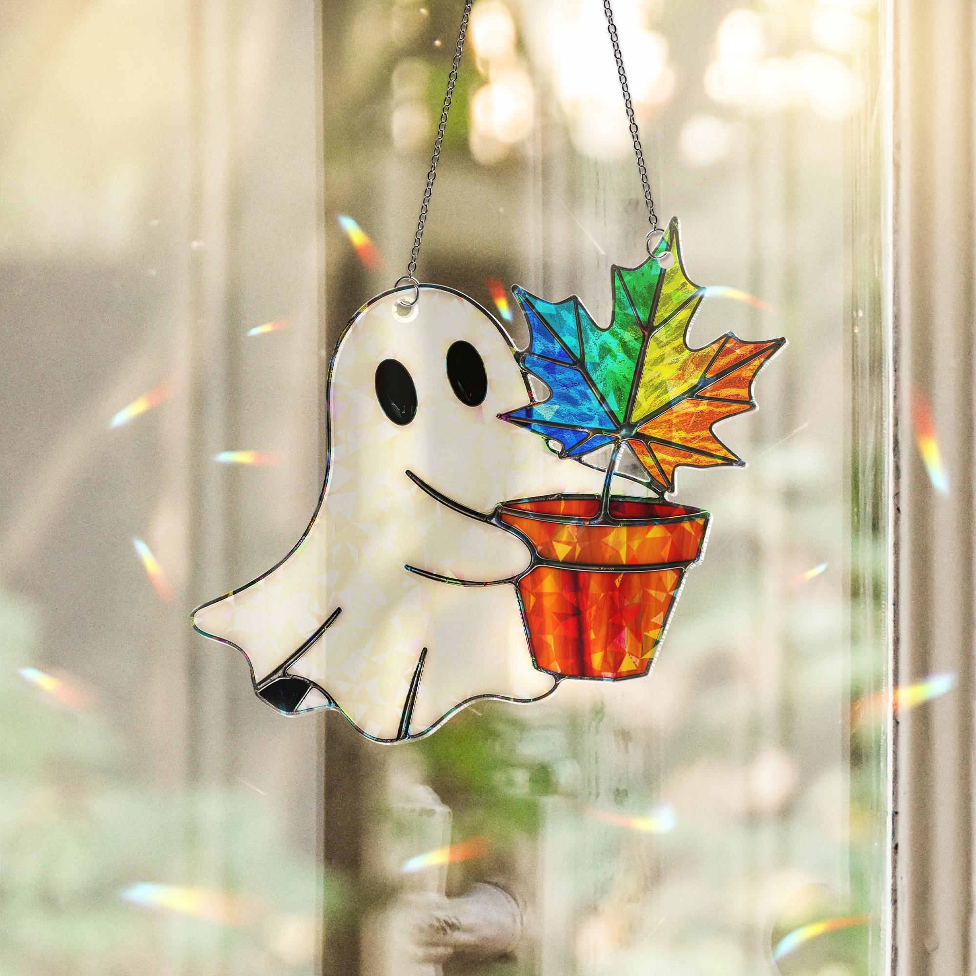 Ghost Leaf Pot Acrylic Halloween Window Hanging, Rainbow Fall Hologram Decor, Cute Ghost Autumn Sun Catcher Gift, Suncatcher Style