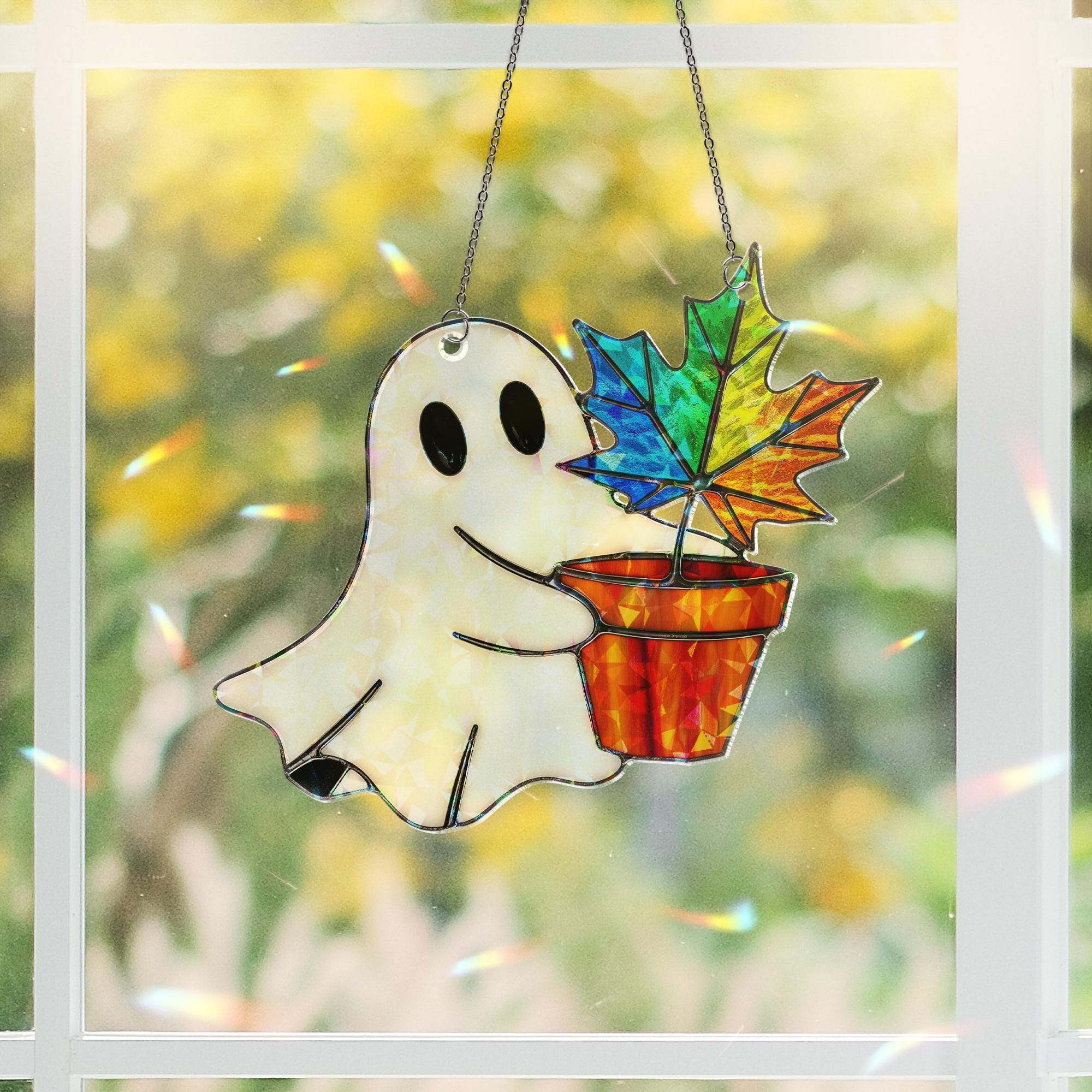 Ghost Leaf Pot Acrylic Halloween Window Hanging, Rainbow Fall Hologram Decor, Cute Ghost Autumn Sun Catcher Gift, Suncatcher Style