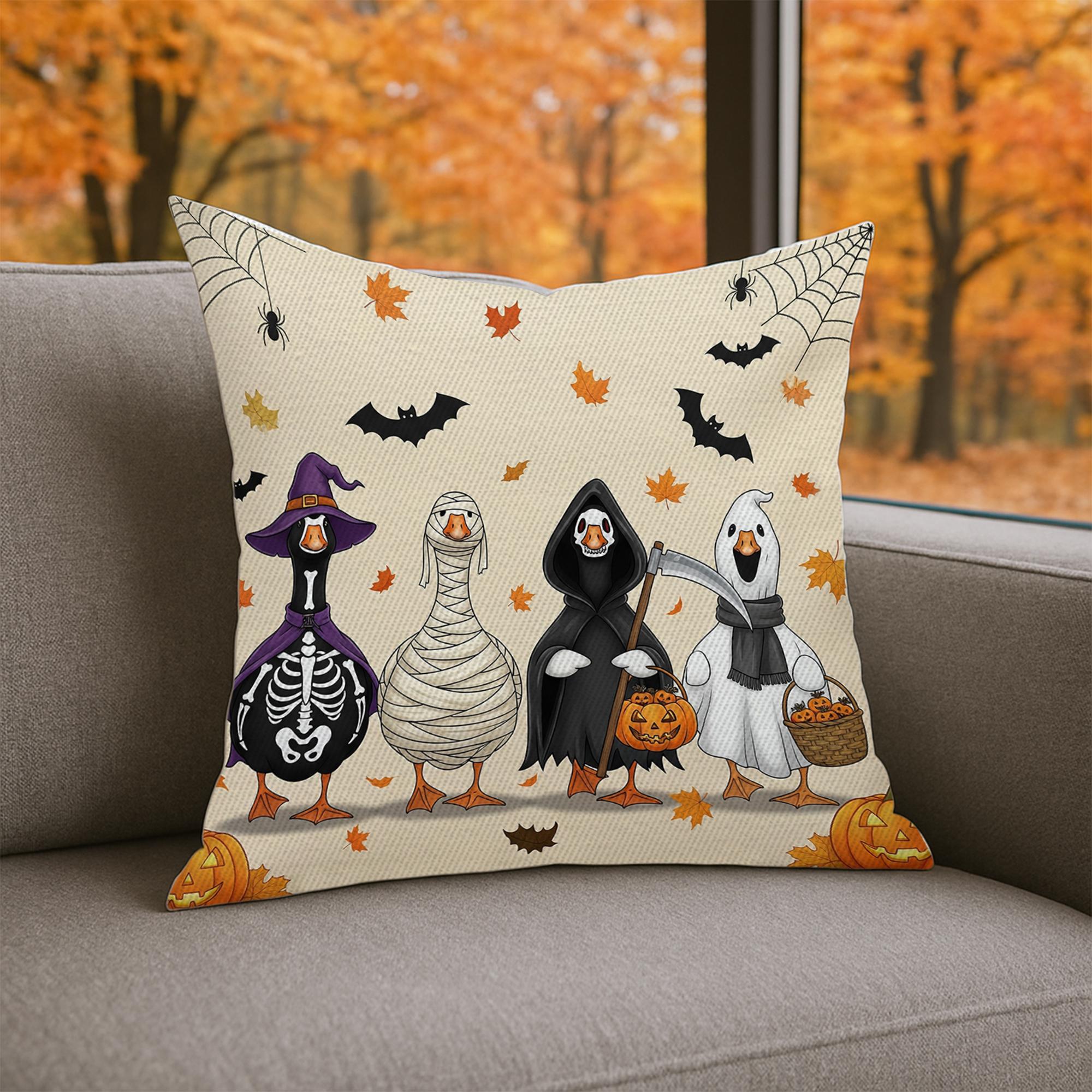 Halloween Ducks Throw Pillow Cover, Spooky Goose Costumes Cushion, Fall Autumn Farmhouse Home Decor, Trick or Treat Accent Pillow