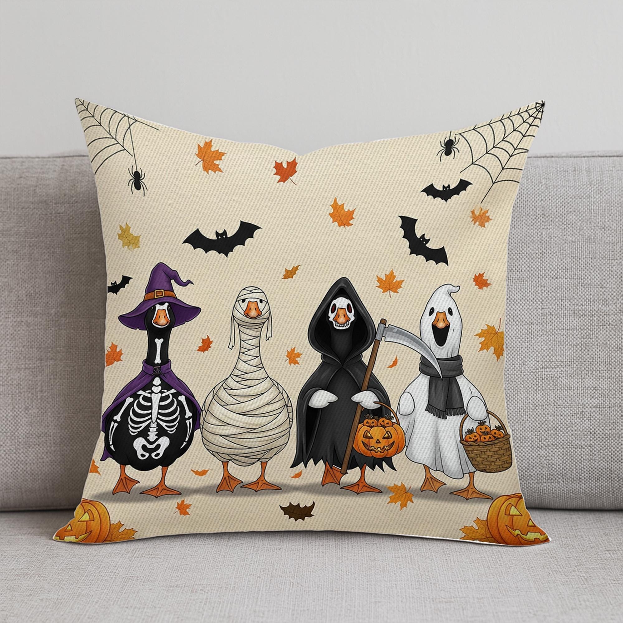 Halloween Ducks Throw Pillow Cover, Spooky Goose Costumes Cushion, Fall Autumn Farmhouse Home Decor, Trick or Treat Accent Pillow